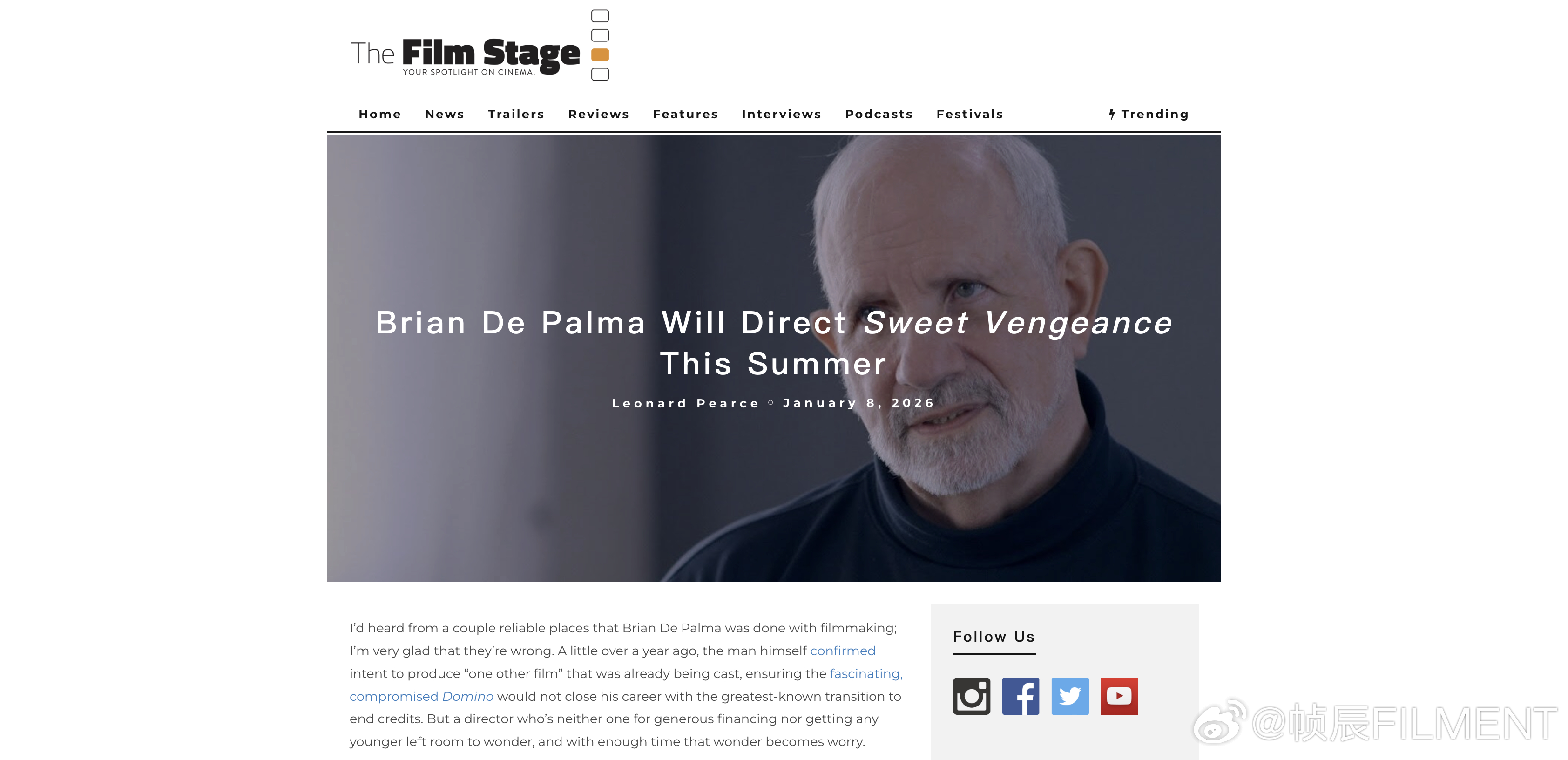 布莱恩·德·帕尔玛将于今夏执导《甜蜜的复仇》 作者：莱纳德·皮尔斯（Leonar