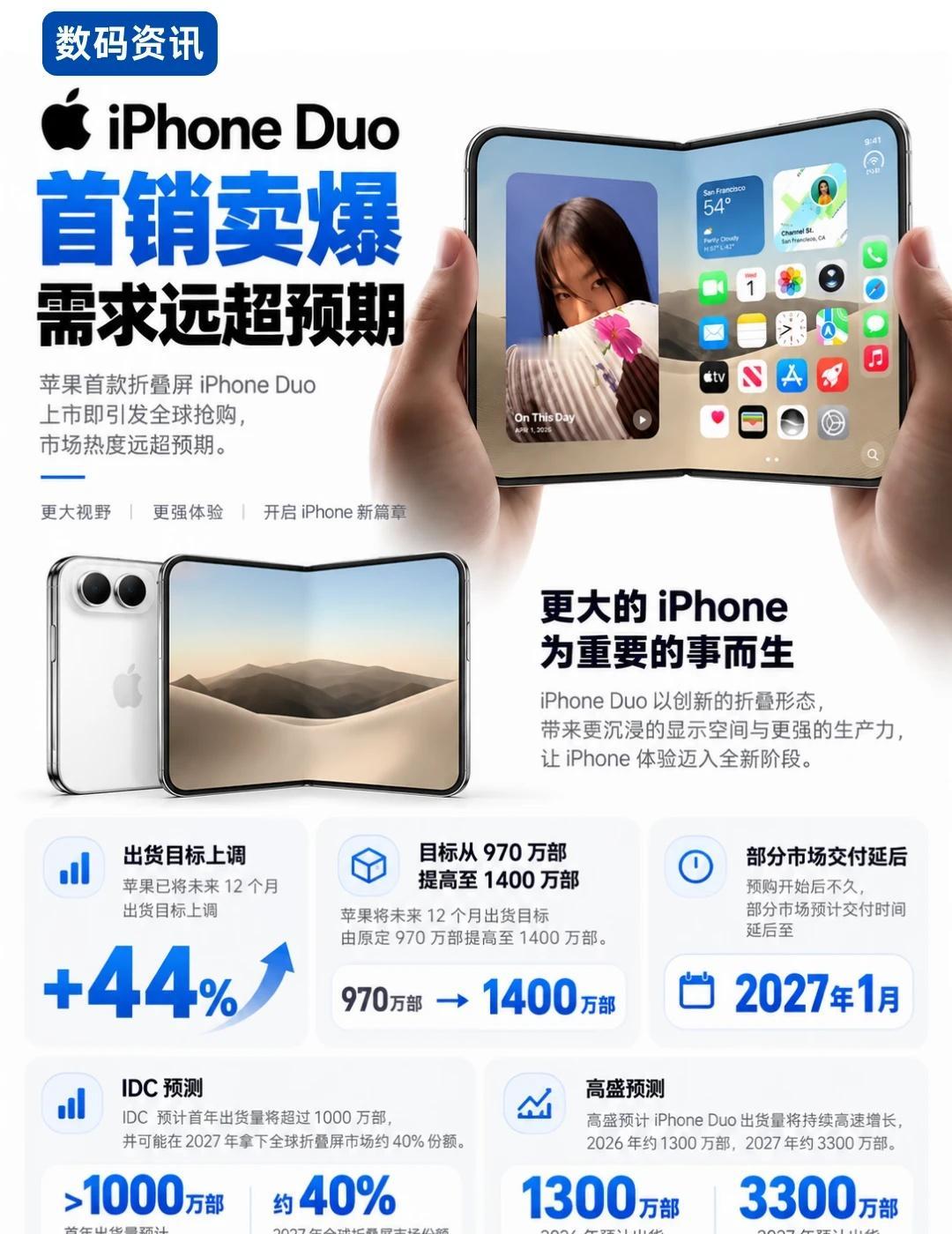 iPhone Duo预购需求火爆
苹果首款折叠屏iPhone Duo，这次市场反
