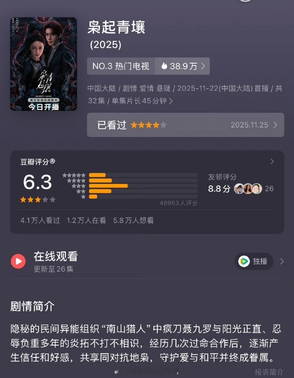 枭起青壤豆瓣开分6.3，迪丽热巴枭起青壤6.3迪丽热巴、陈星旭的《枭起青壤》db
