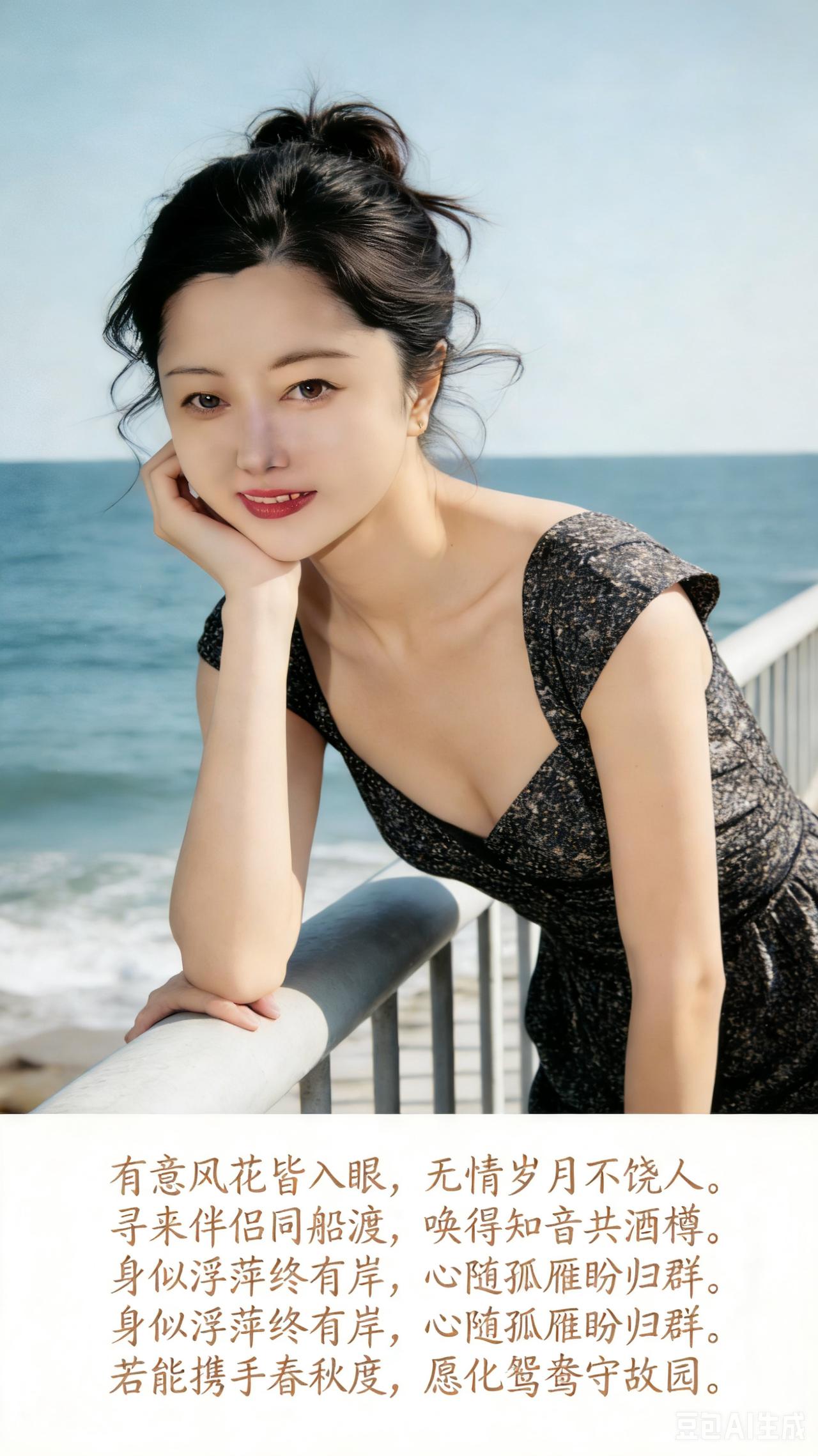 海边女孩靠栏杆，笑容甜美。
海边温柔女神 盼有缘男士
相随一一