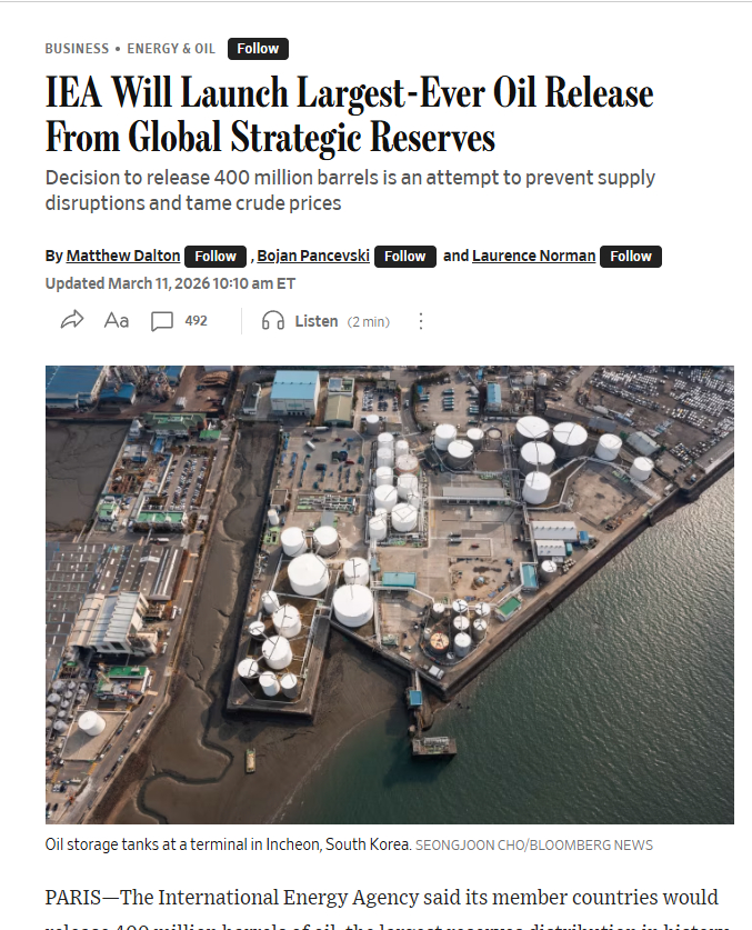 国际能源署（IEA）表示，其成员国将从战略储备中释放创纪录的4亿桶石油，WSJ的