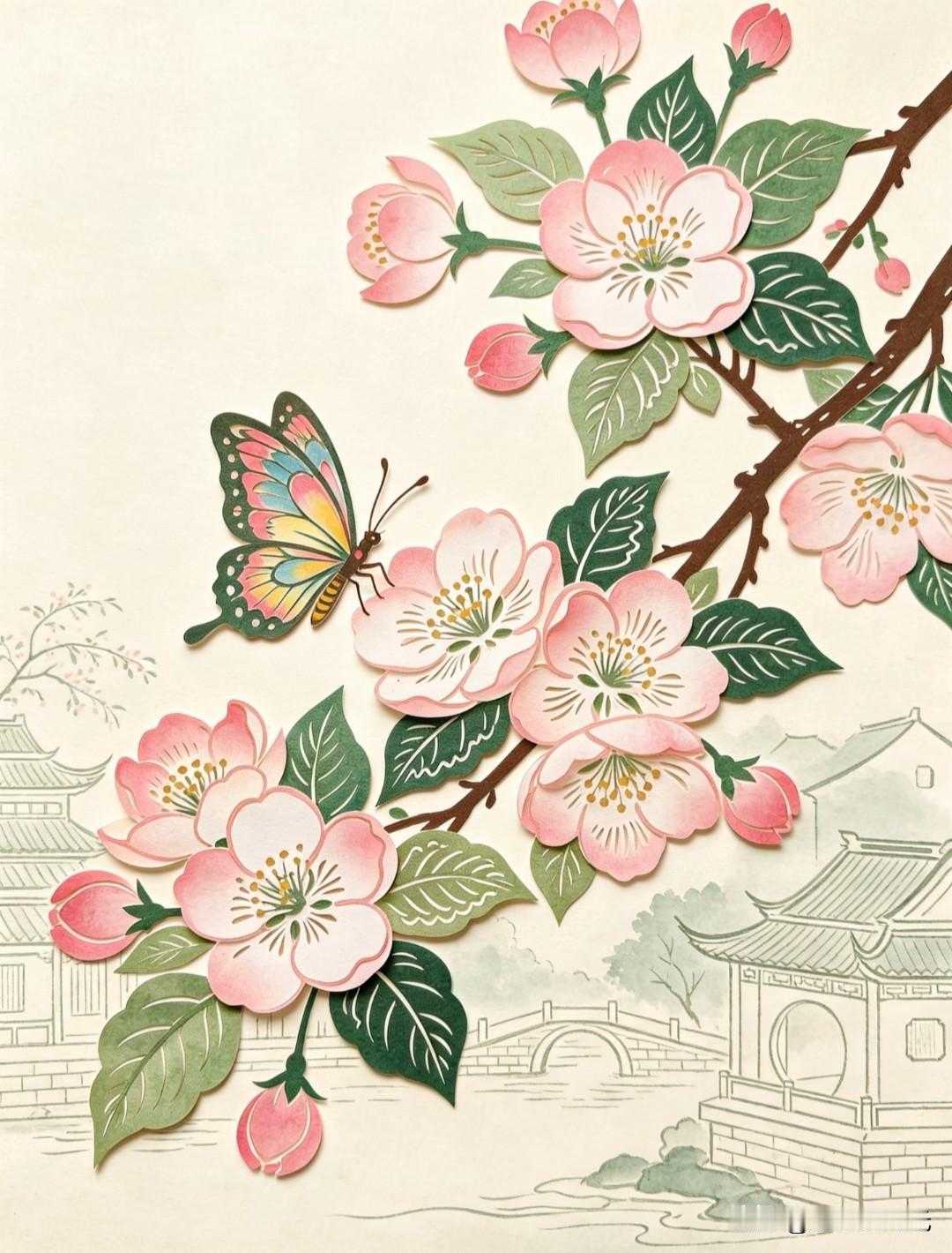 西府海棠俏，剪纸拼贴，春意枝头闹。
幸运淇淇国风剪纸拼贴画分享
剪纸拼贴 中国风