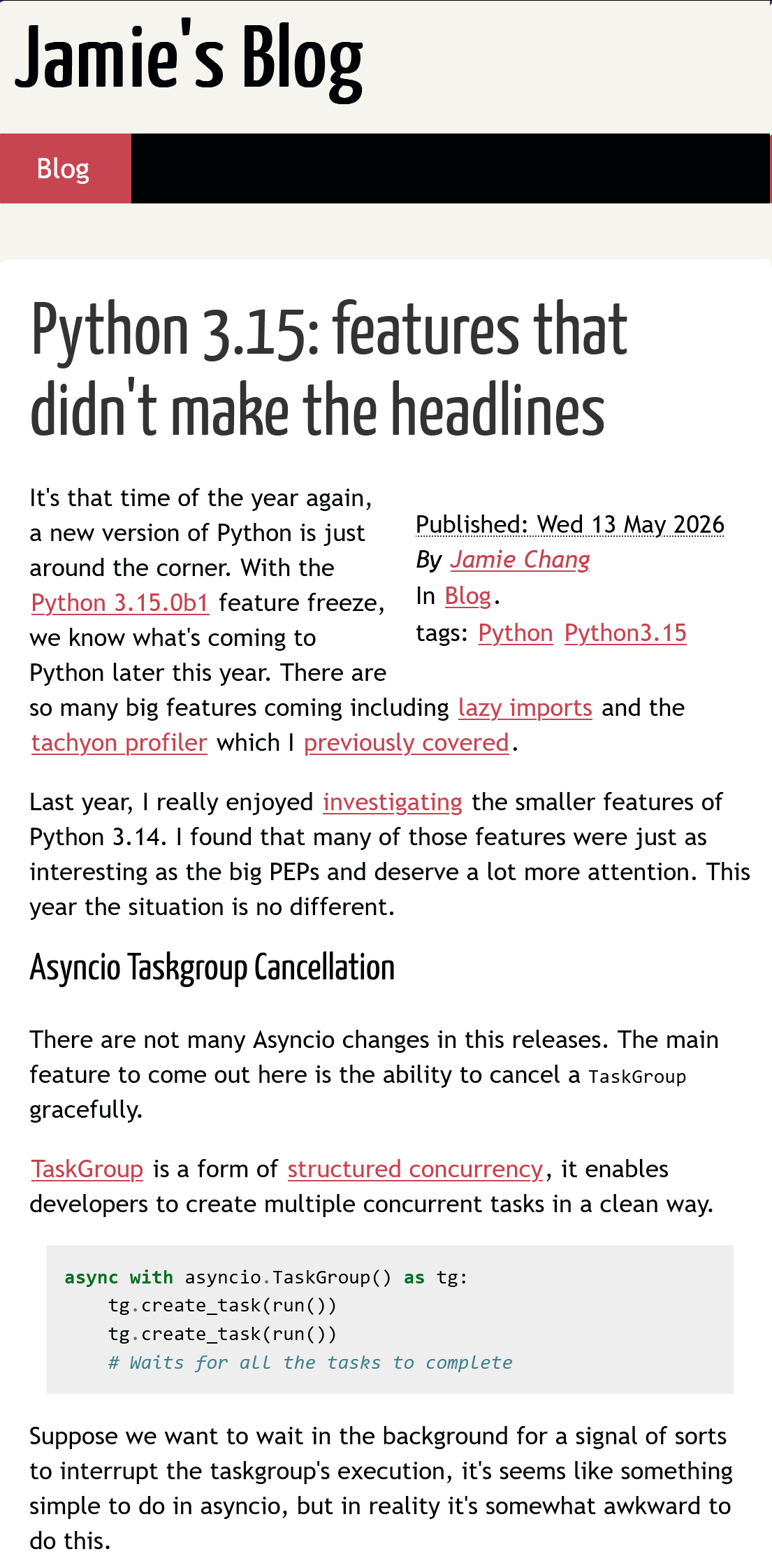 一篇介绍Python 3.15 里一些没被大规模讨论、但实际挺有用的小功能的博文