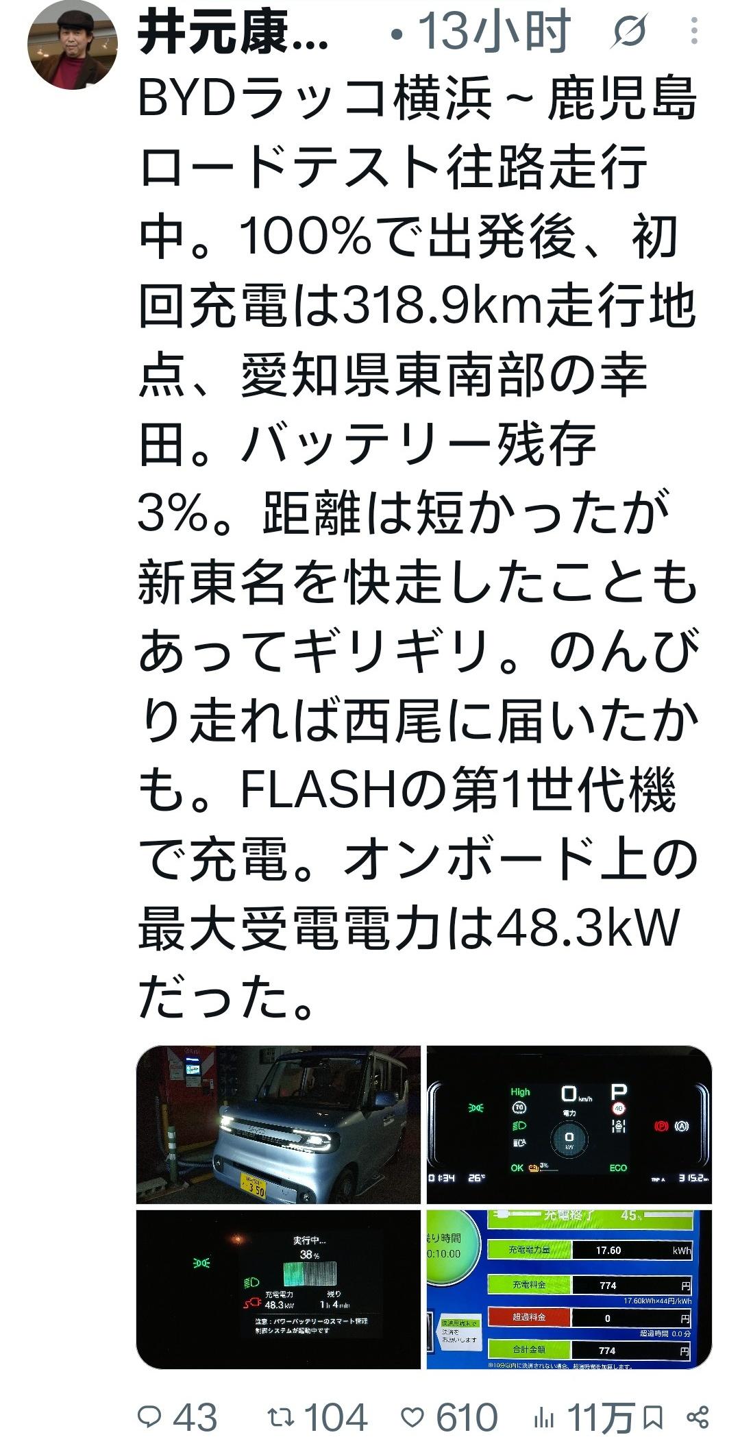 说开320，真的能开320。
日本人开比亚迪海獭横滨鹿儿岛来回，开了318.9公