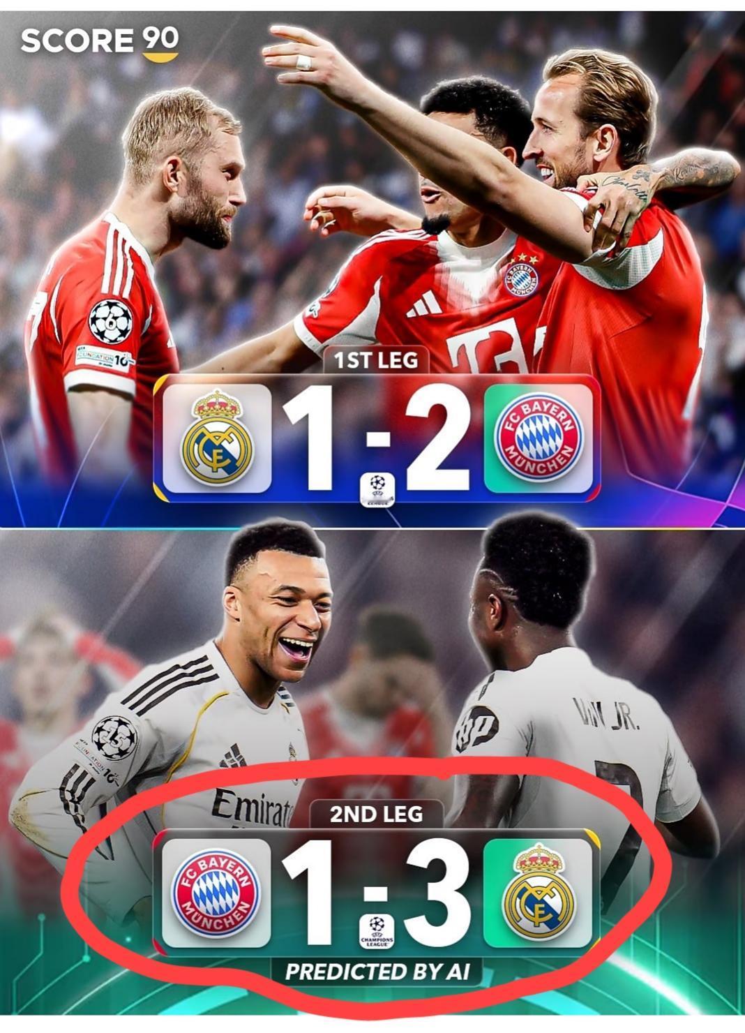 ChatGPT预测皇马vs拜仁欧冠次回合的比分是拜仁1:3皇马，拜仁最终以一球之