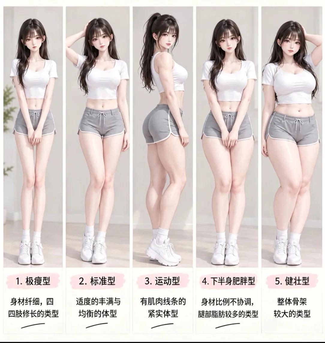 五种不同身材类型，看看你属于哪一款。极瘦、标准、运动、下半身肥胖、健壮型，每种体