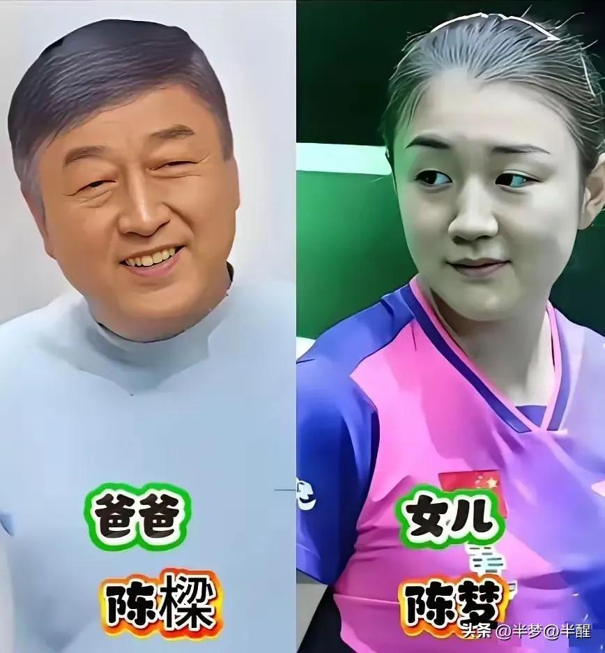 陈梦父女照片一晒，网友说基因很强，一对父女五官、脸型一比，一个模子刻出来的。
孙