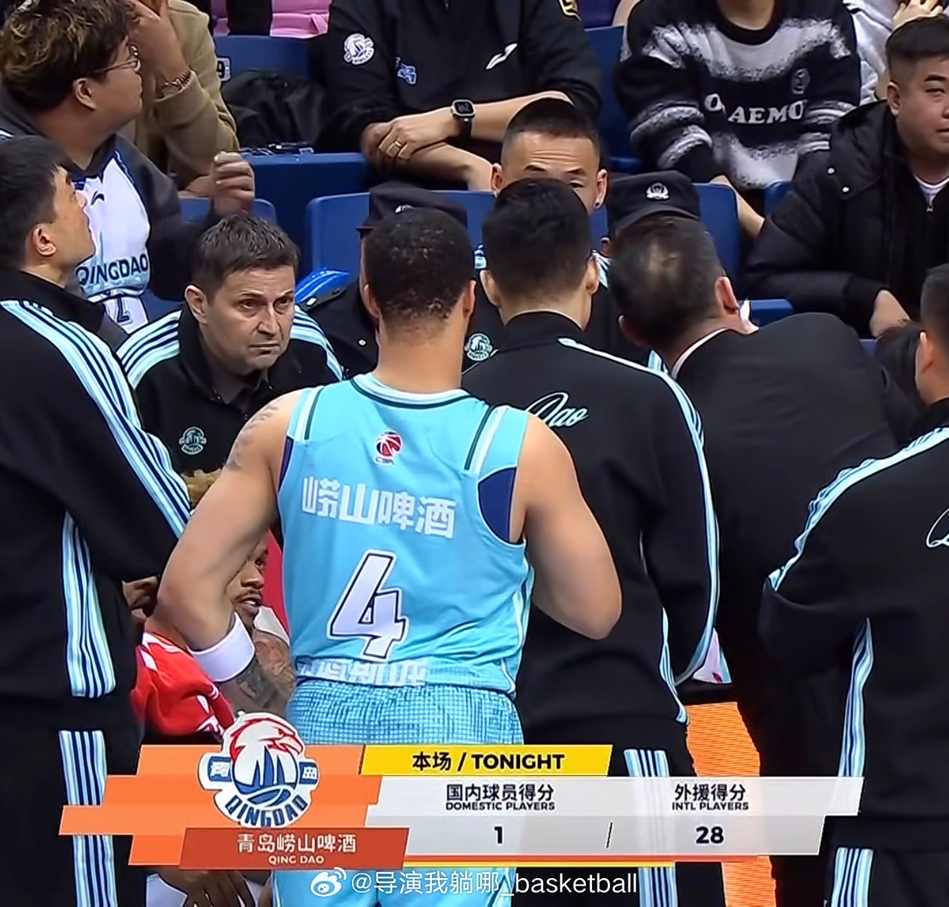 现在转播还有这种统计，外援得分28，国内球员1分 