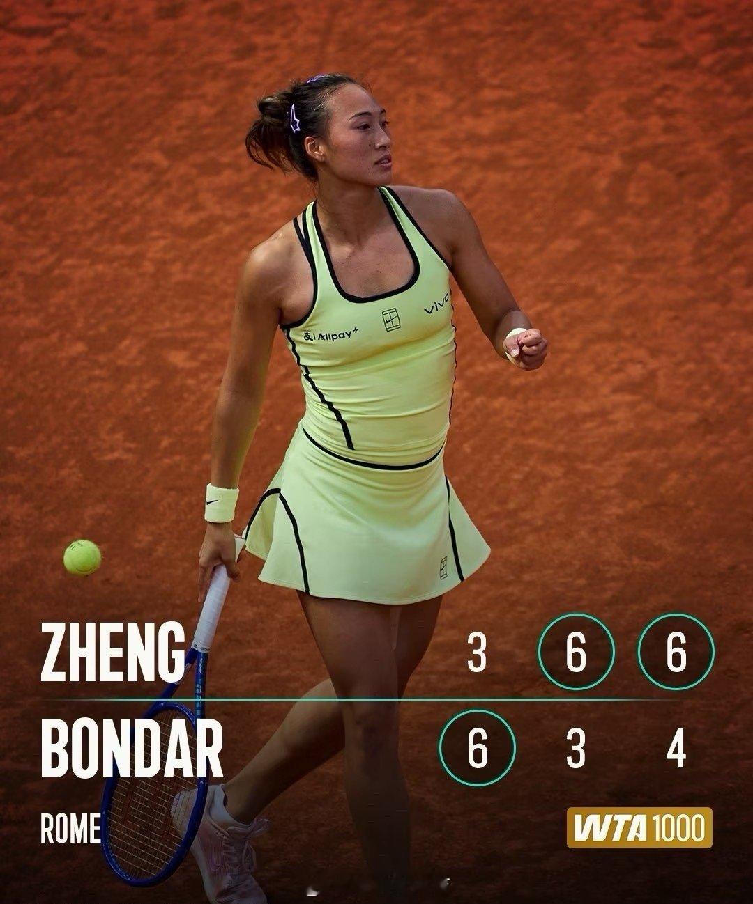 北京时间5月5日，郑钦文在WTA1000罗马站女单首轮比赛中，克服先丢一盘且决胜