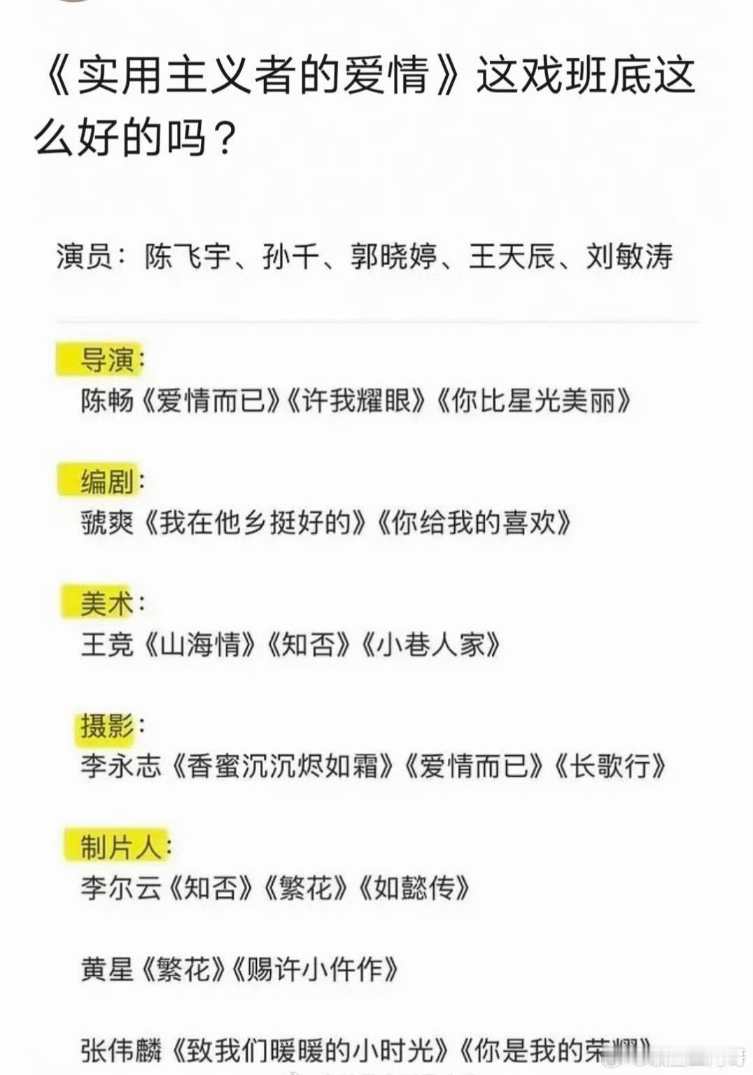 陈飞宇、孙千《实用主义者的爱情》幕后班底 期待陈飞宇 