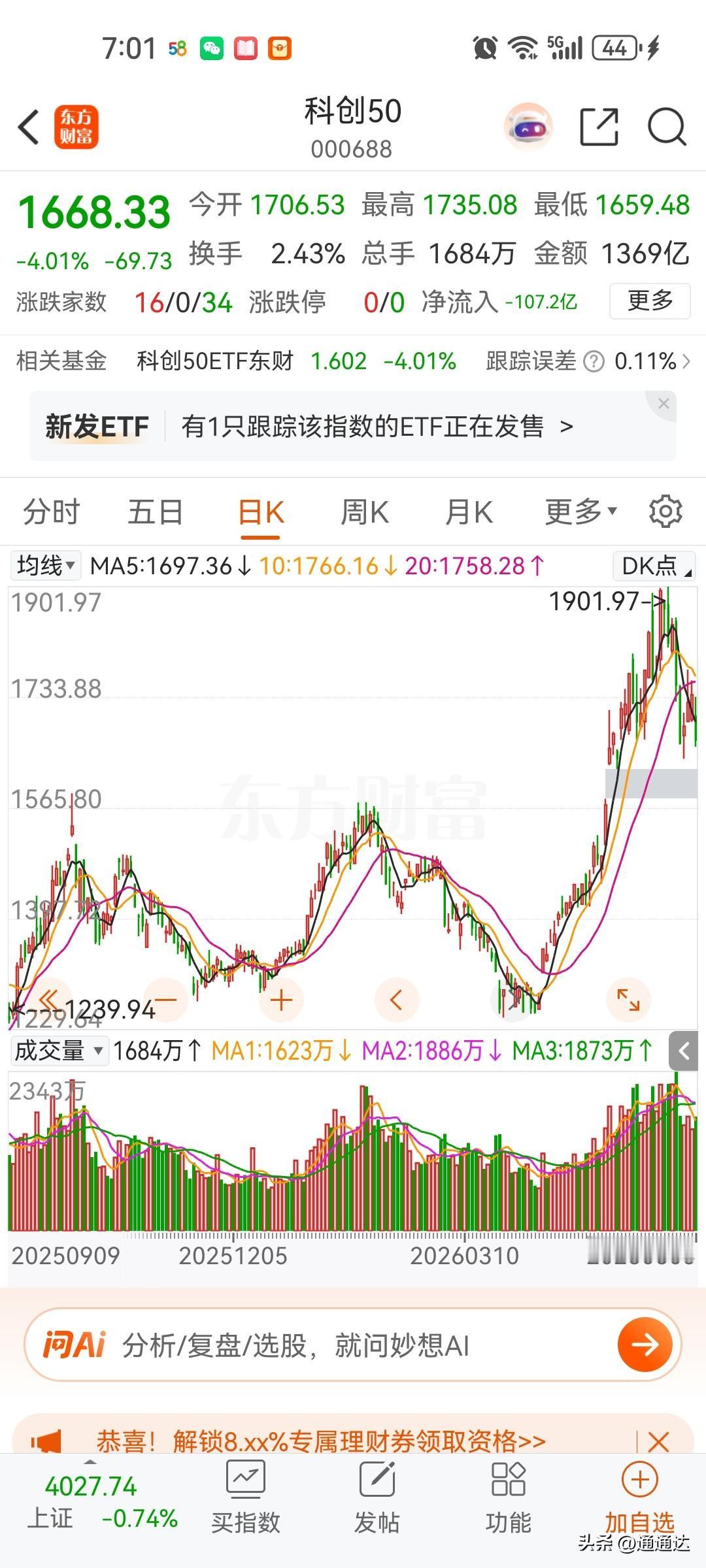 大多数科技股是不能投了，科技指数跌破1300还是可以定投