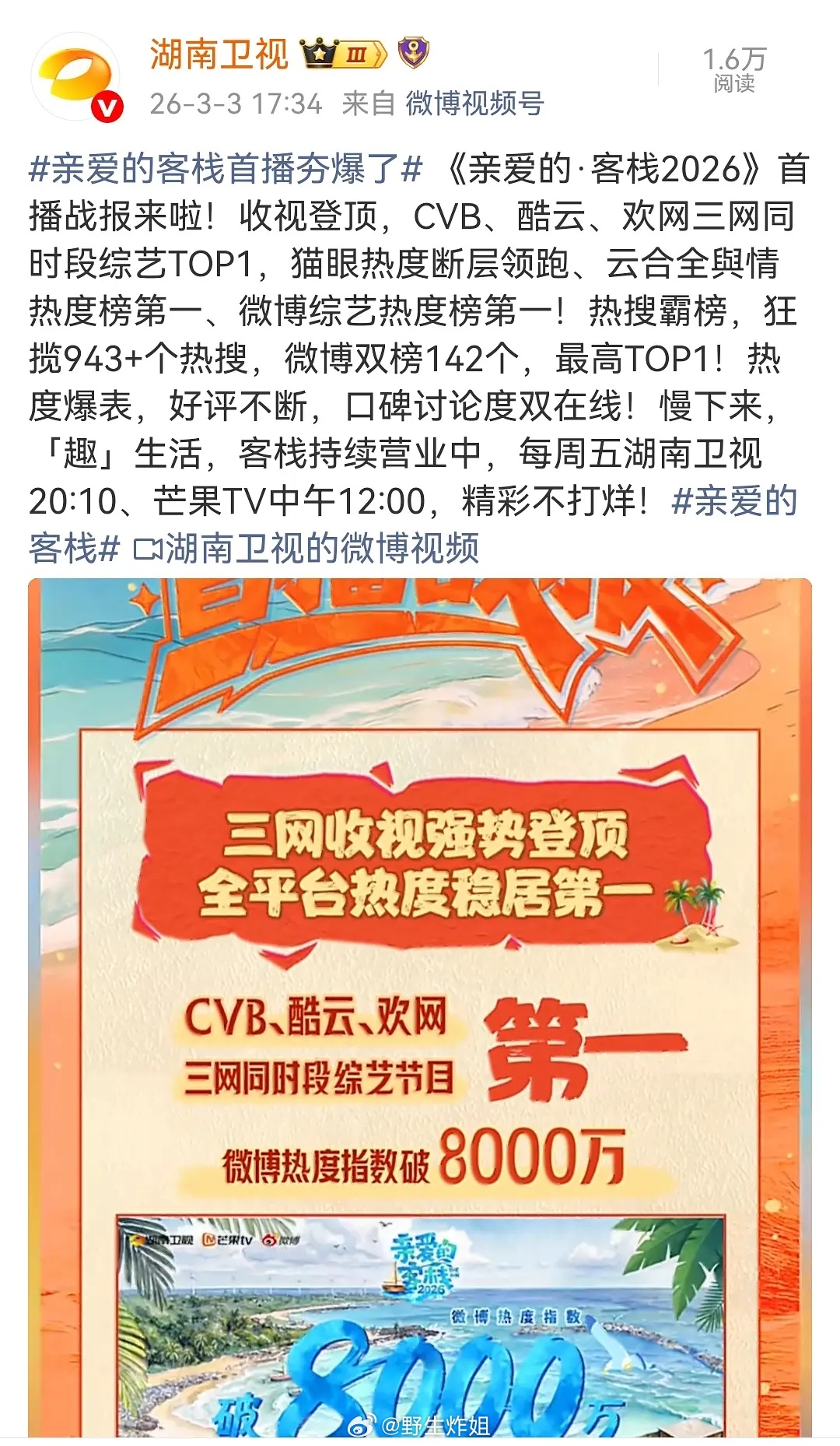 芒果认证王鹤棣大男主综艺《亲爱的客栈》首播数据招商、收视、播放量、热度各项TOP