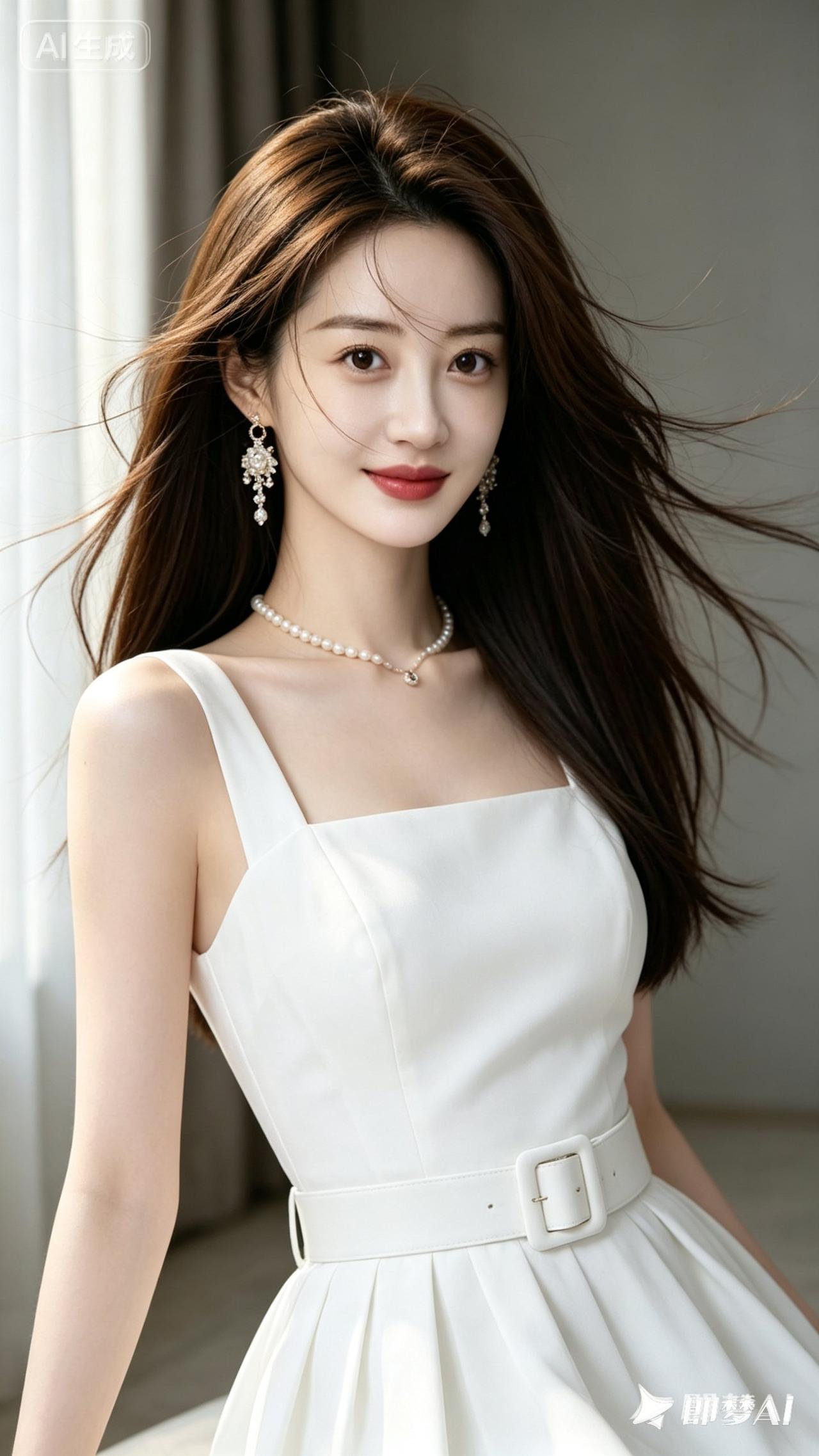 优雅白裙，气质动人，珍珠项链点缀，尽显女性魅力！💃👗✨