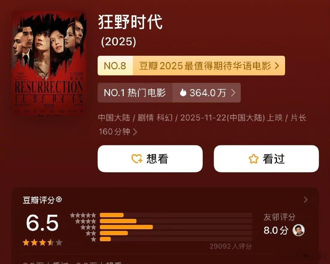 易烊千玺、舒淇《狂野时代》豆瓣开分6.5分,全网差评！演员演技、剧本剧情、节奏都