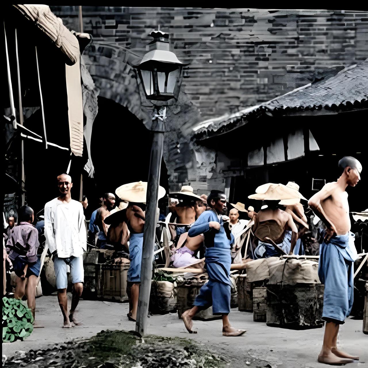 1903年成都城墙根下的街市，青灰色砖墙拱门下，戴草帽的挑夫们扛着竹编货篓穿行，