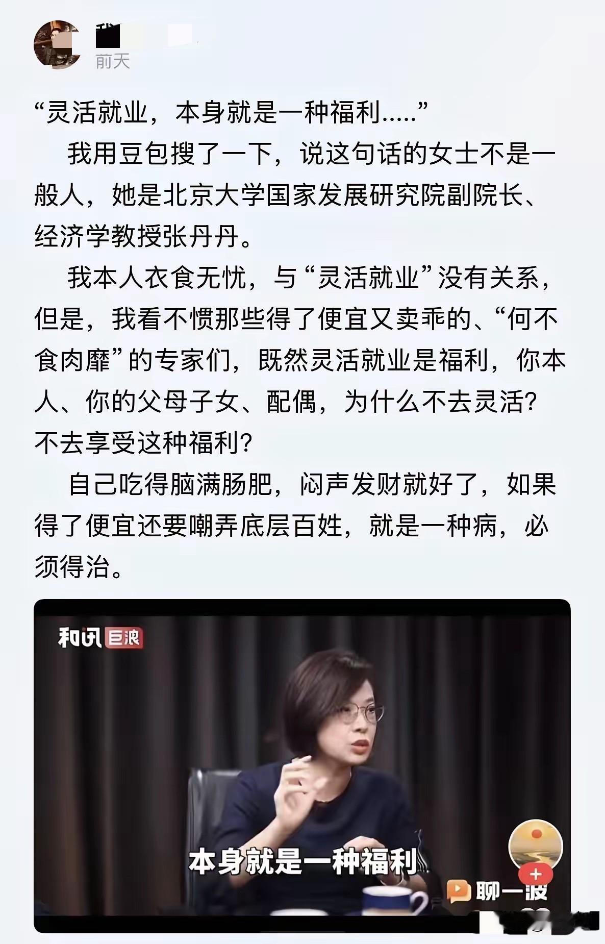 北大教授张丹丹在镜头前，满脸真诚地抛出一句话：“灵活就业，本身就是一种福利。”这