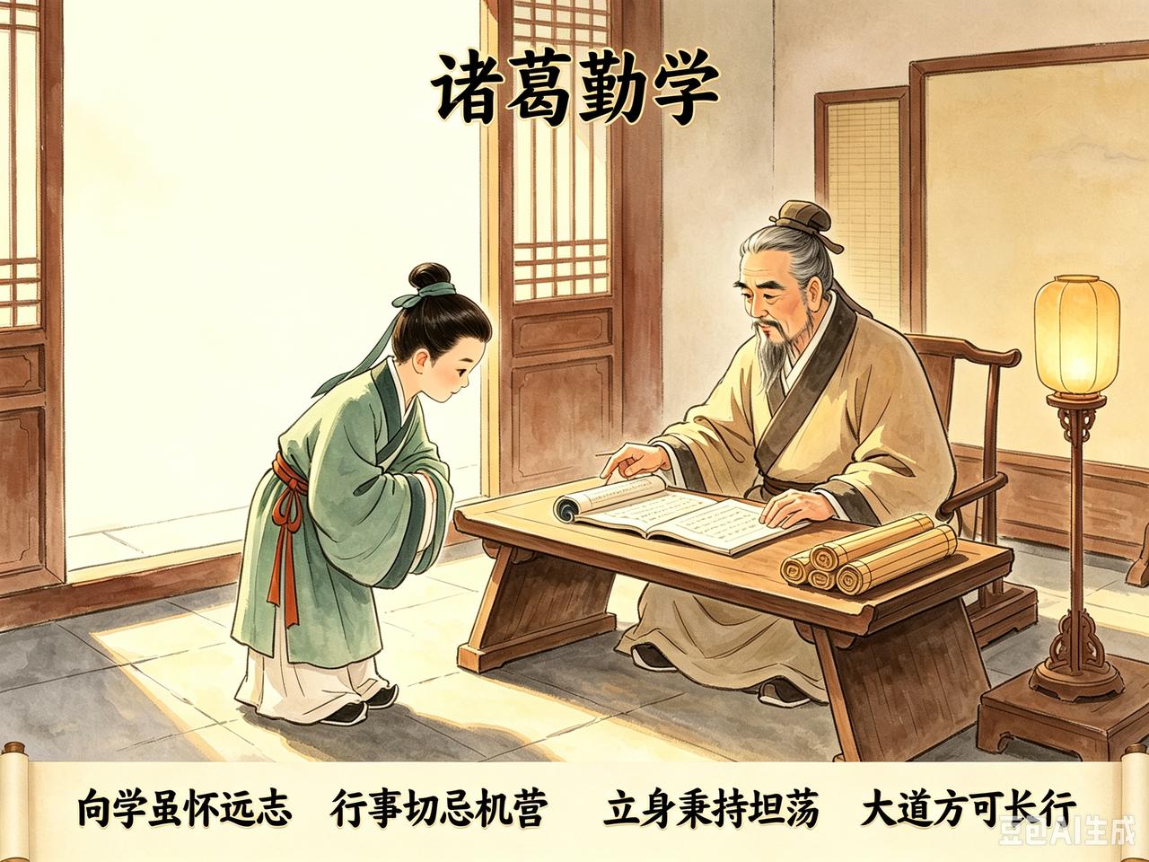 小故事：
    诸葛勤学

少年诸葛孔明，
拜师水镜先生，
先生治学严谨，
宣
