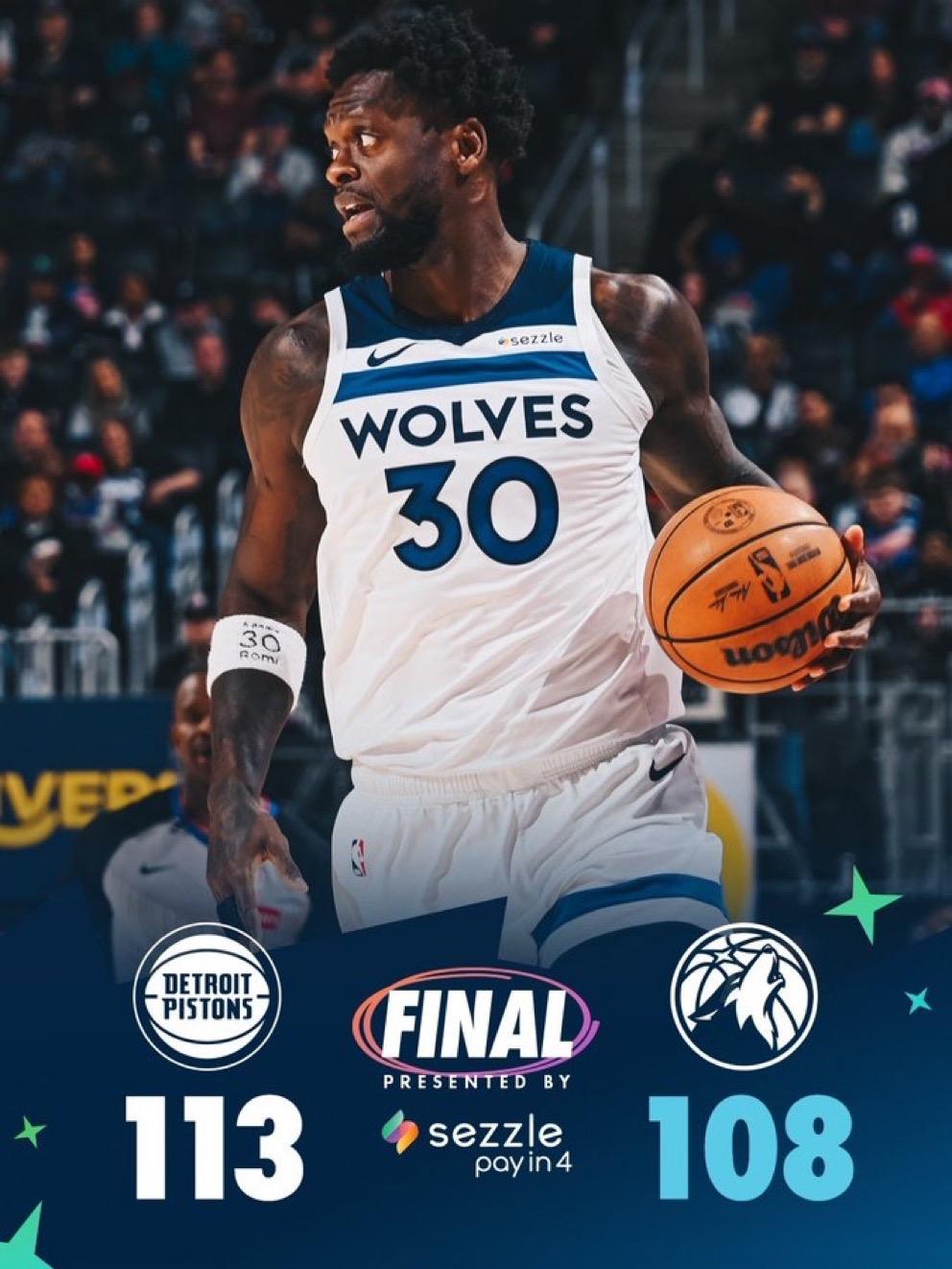 4月3日NBA常规赛战报（6场）：

森林狼108-113活塞
太阳107-12