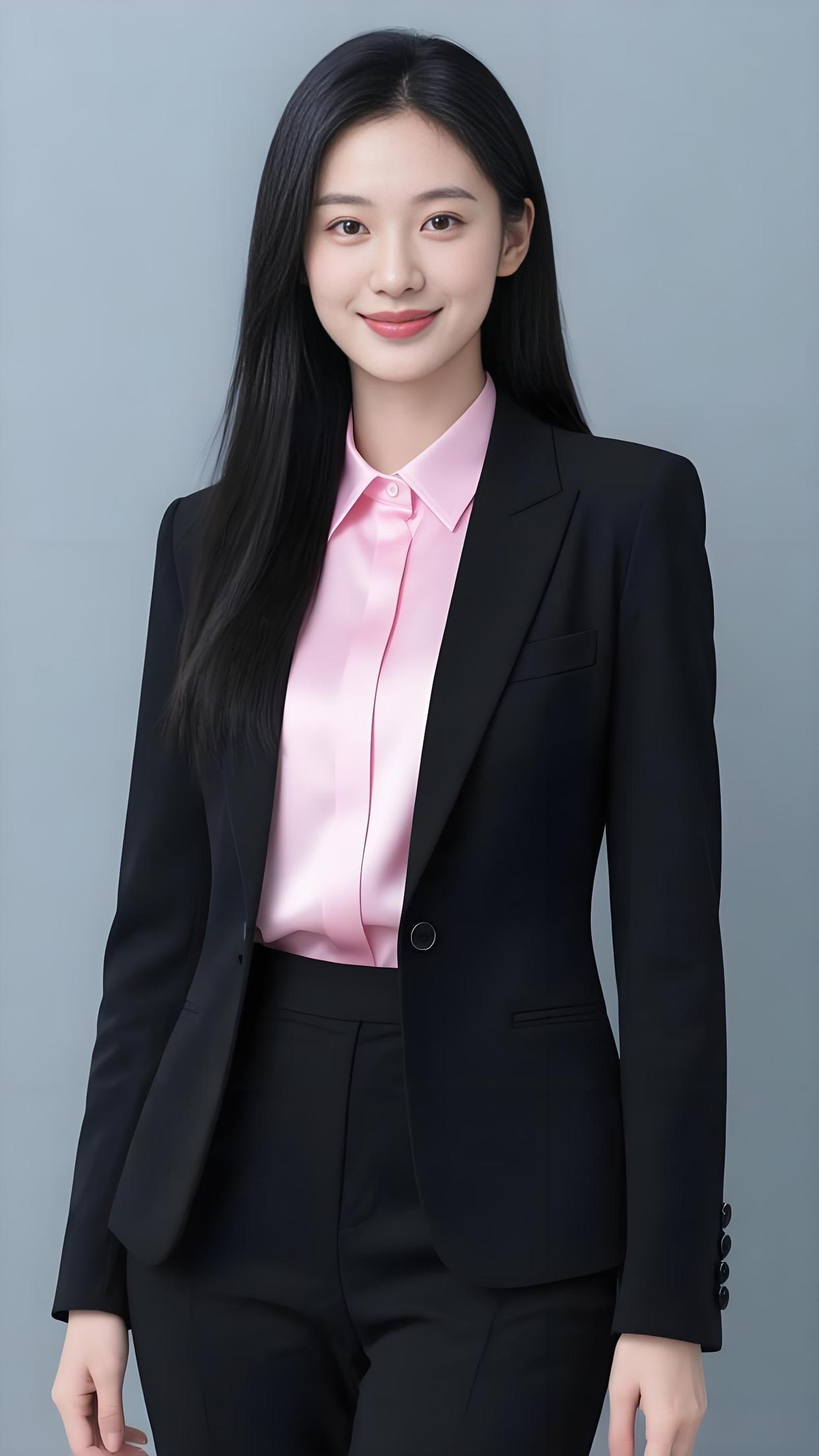 黑色西装外套粉色衬衣搭配 美女白领鲜艳的粉色丝绸衬衫陪衬黑色职业西装，干练中透着