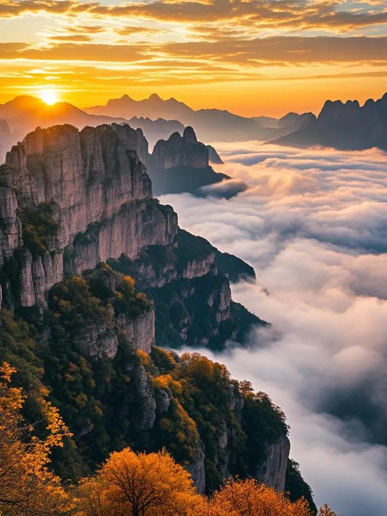 1. 云台山巅，夕阳熔金铺锦缎。云台天瀑似练，峰林浸彩，秋林斑斓若梦。云海翻涌，