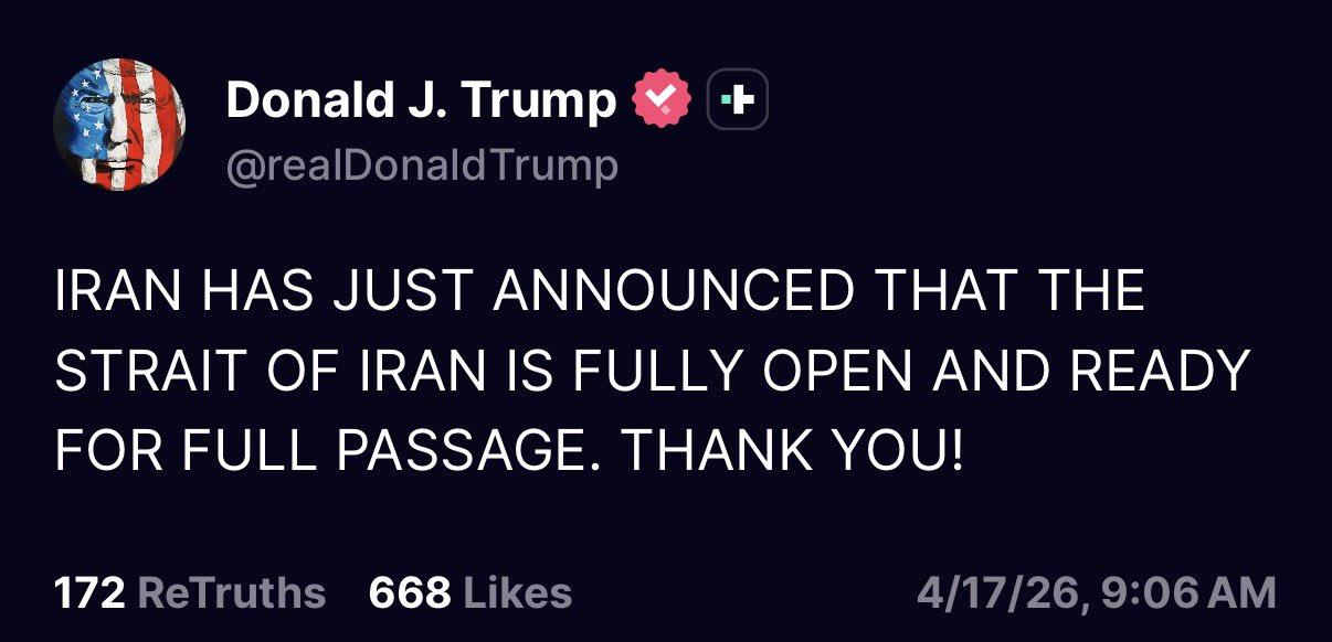 4月17日，美伊谈判突然取得重大突破，伊朗宣布在剩余的4天停火期中开放霍尔木兹海