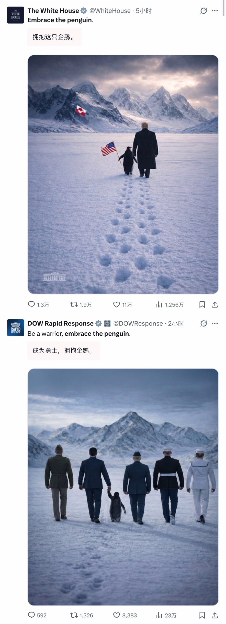 🔻美国网民觉得匪夷所思。白宫晒特朗普格陵兰牵企鹅照翻车英首相说特朗普言论极具侮