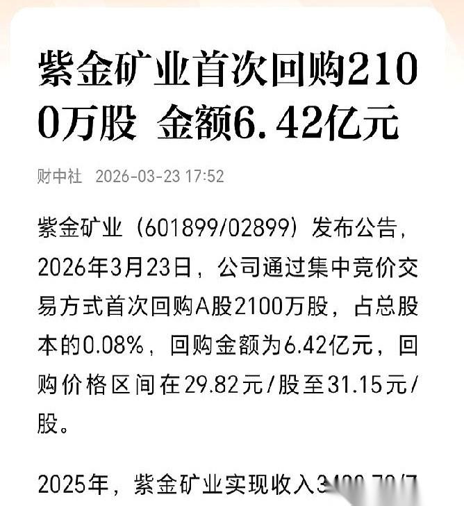 我前脚刚在31块的位置买了点紫金矿业，后脚就刷到公告，公司自己下场了。
好家伙，
