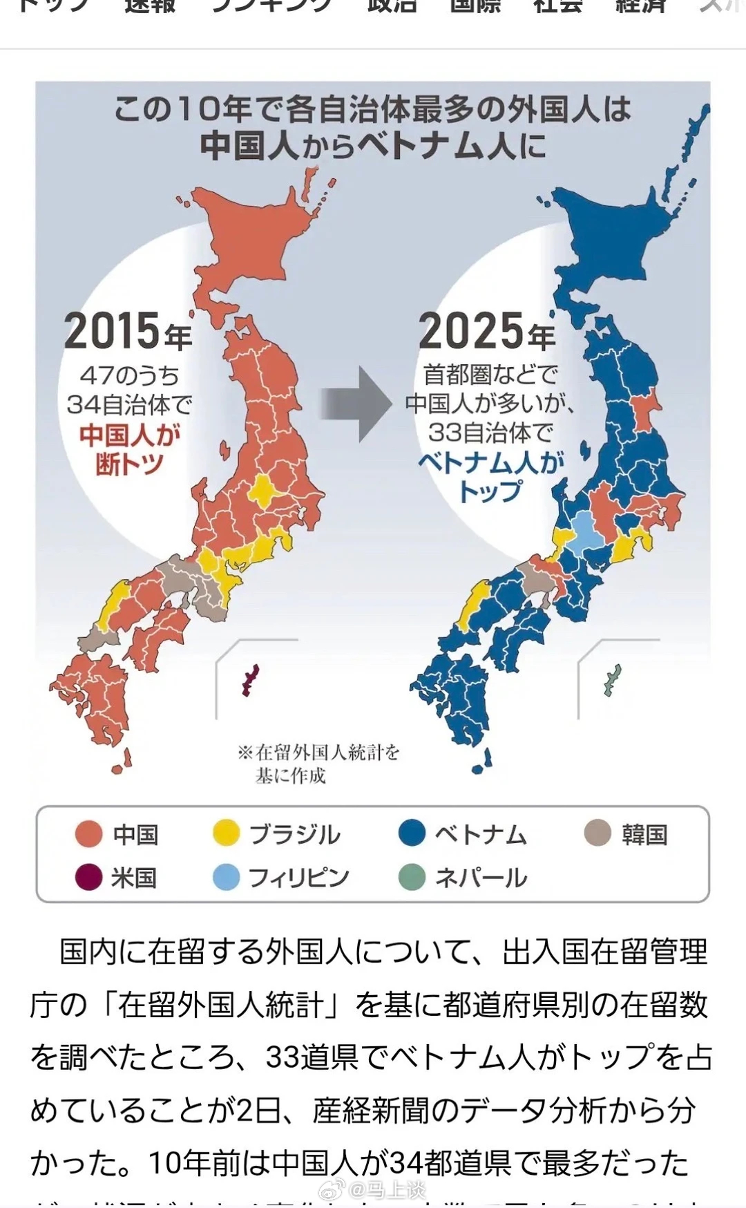 日本47个都道府县多数外国人来源国变化。这图说明中国人如今真不愿意去日本了，绝大
