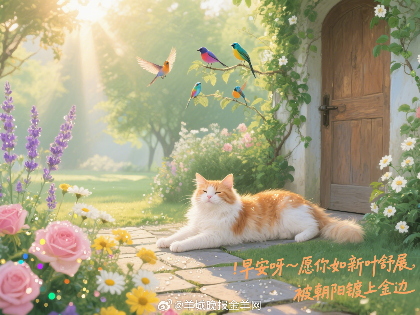 #早安# “晨露吻醒满园花影，清风推门送来鸟鸣。早安呀～愿你如新叶舒展，被朝阳镀