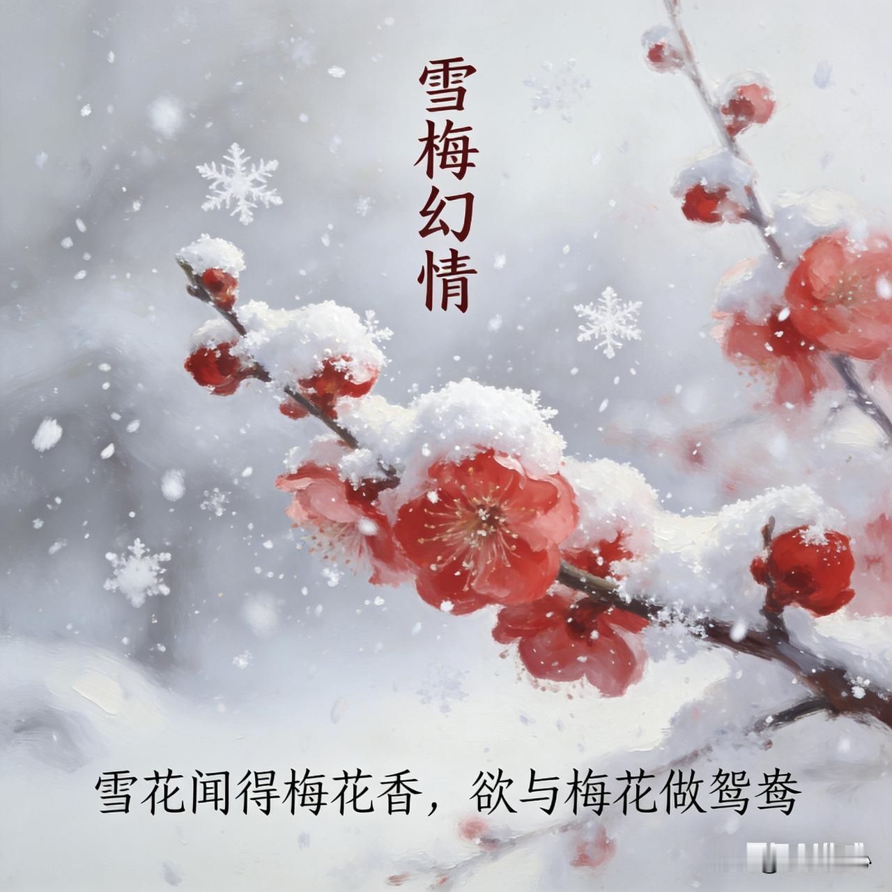 《雪梅幻情》乐韵诗心原创诗词:
雪花闻得梅花香，
欲与梅花配鸳鸯。
待到日出雪融