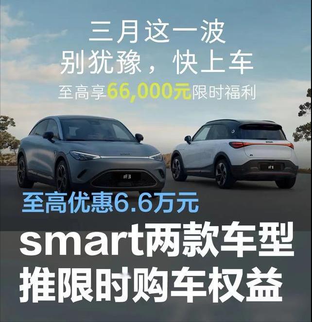 #smart旗下两款车型推出限时购车权益，至高优惠6.6万元#
近日，smart