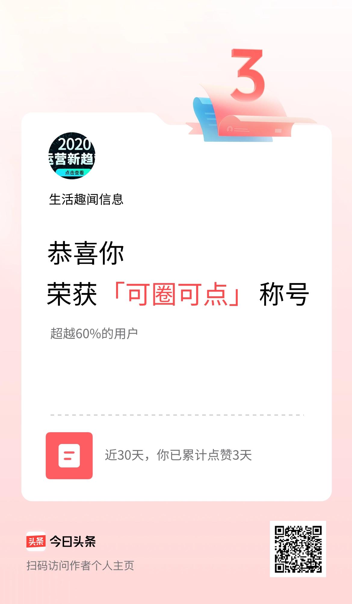 我在头条30天内点赞打卡3天，获得“可圈可点”称号