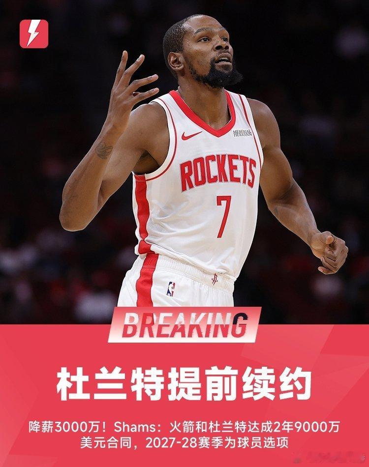 杜兰特与火箭续约两年 火箭和杜兰特一份达成2年9000万美元提前续约合同。 ​​