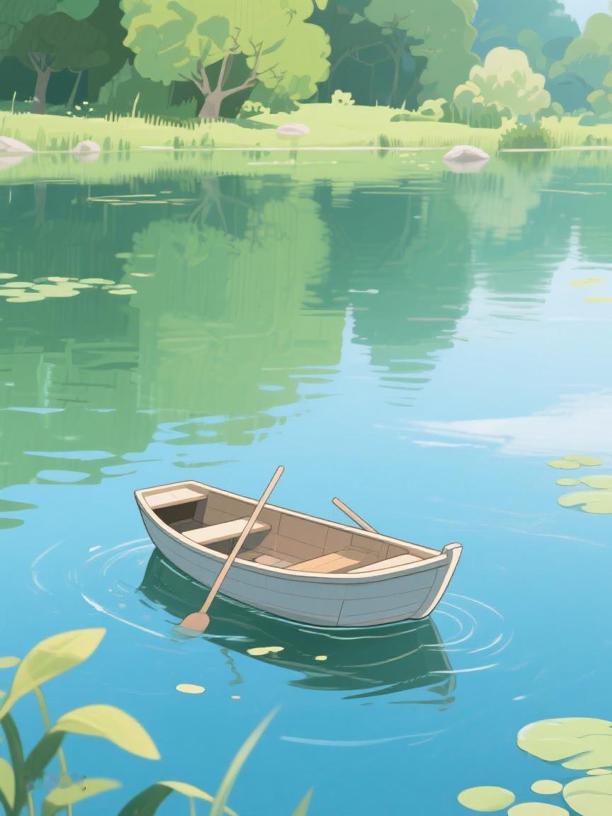 AI妙生图一湾碧水，一叶轻舟，在时光之湖悠然漂浮，于静谧中探寻心灵的宁静彼岸✨