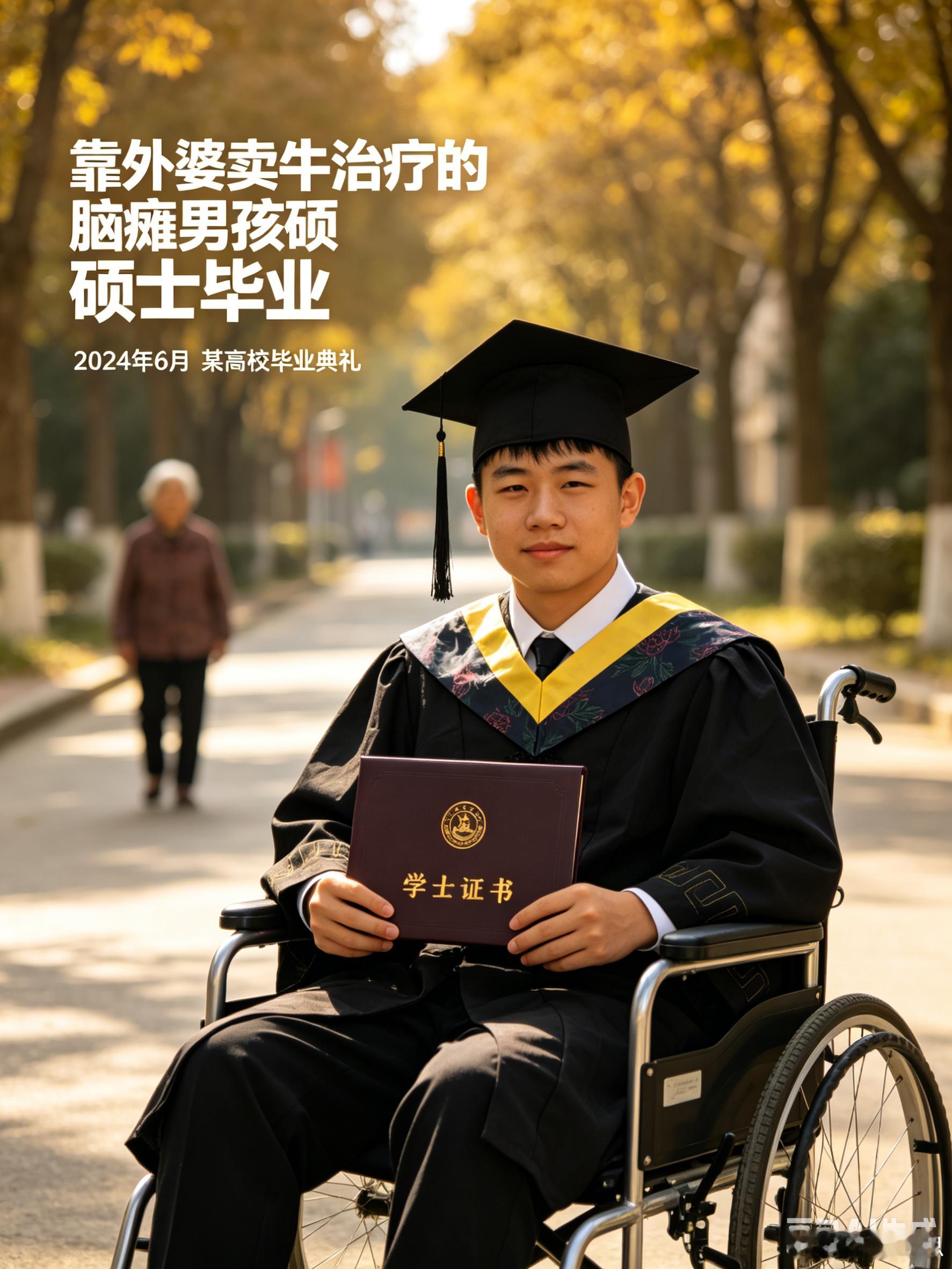 靠外婆卖牛治疗的脑瘫男孩硕士毕业27年前，医生断言他“终身无法独立生活”。27年