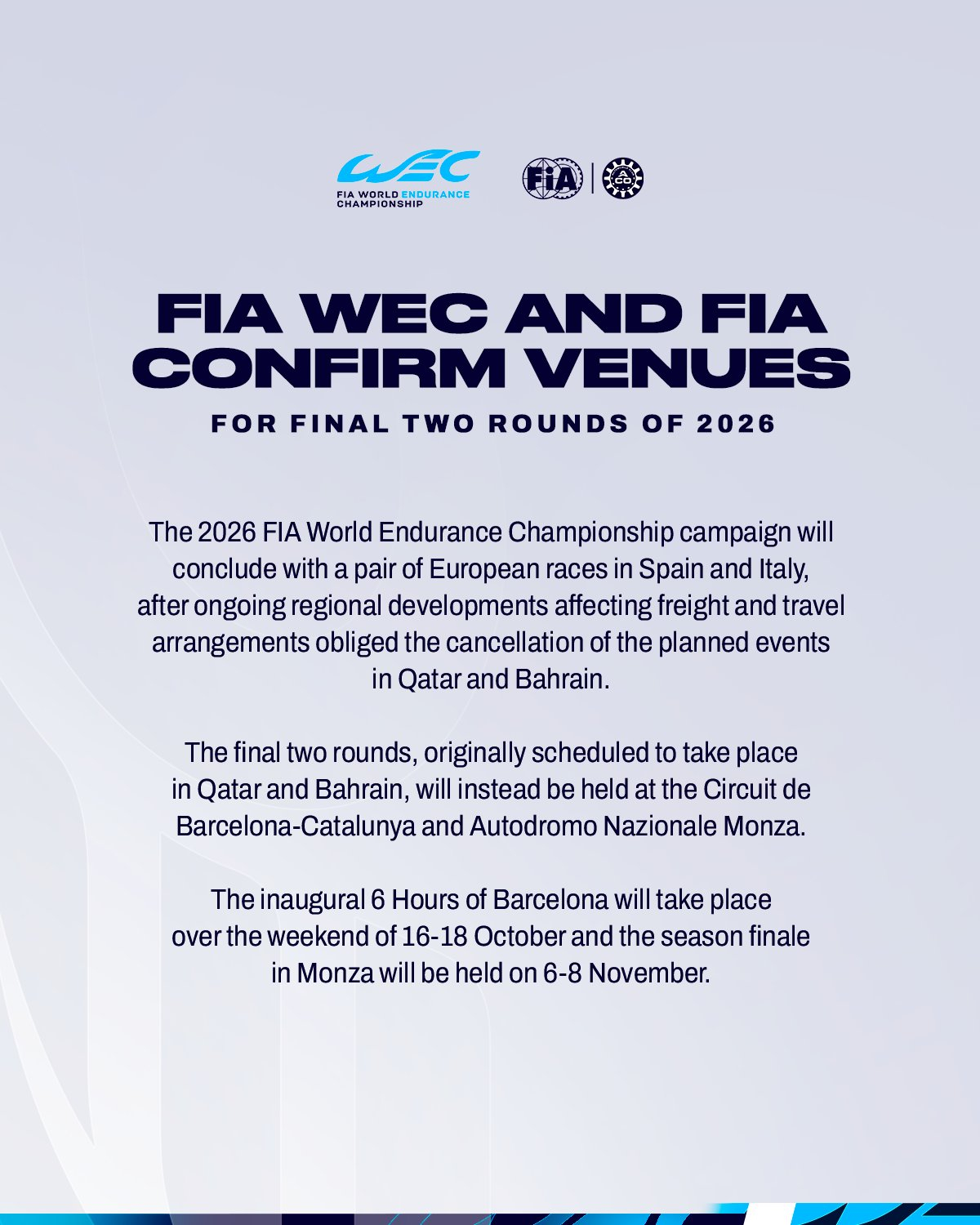 WEC世界耐力锦标赛官宣修改2026赛季最后两站赛历！原定于中东地区举办的202