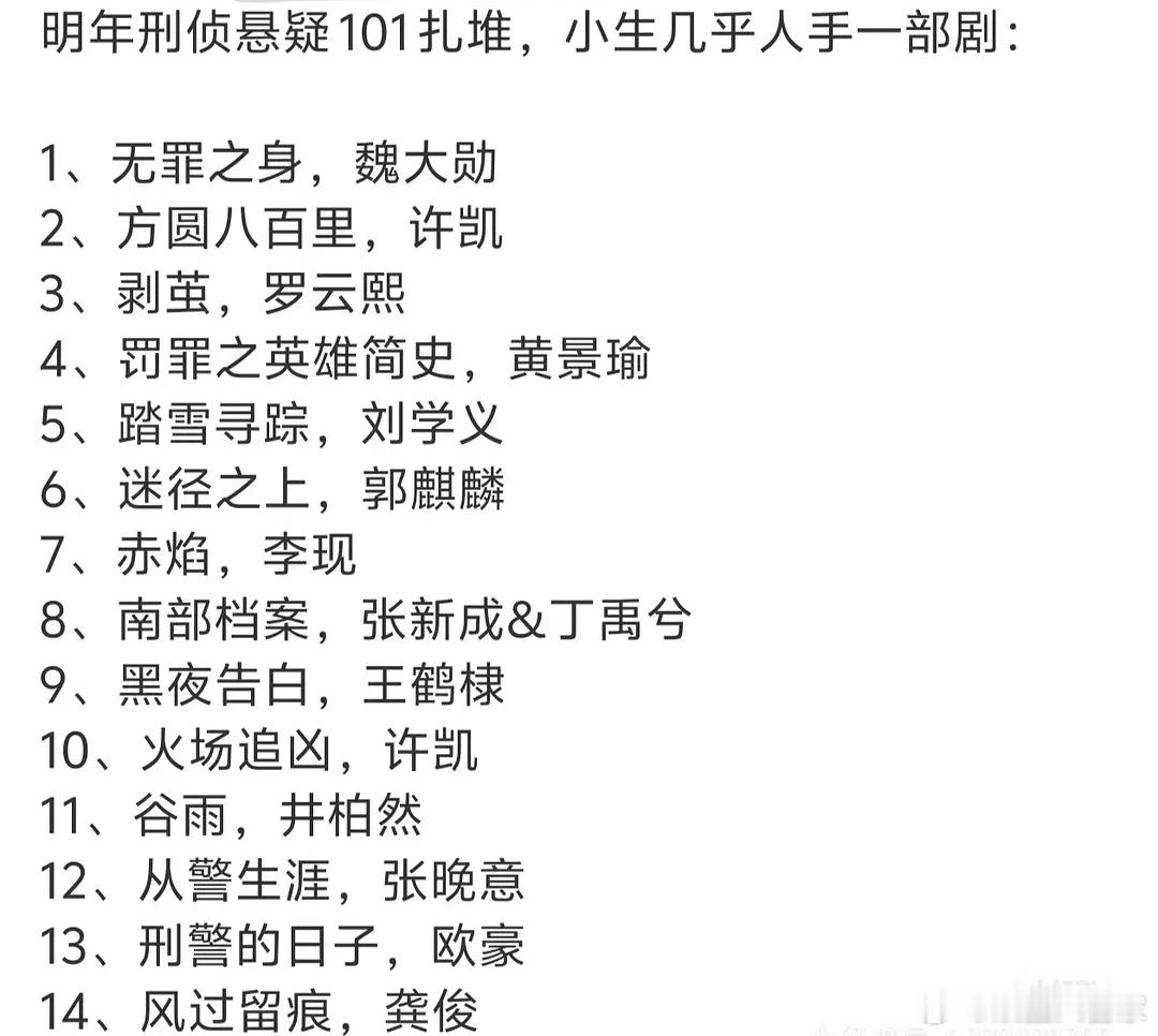 看了明年的刑侦101，和班底结合的话。我看好魏大勋、张晚意、李现、井柏然。坐等验