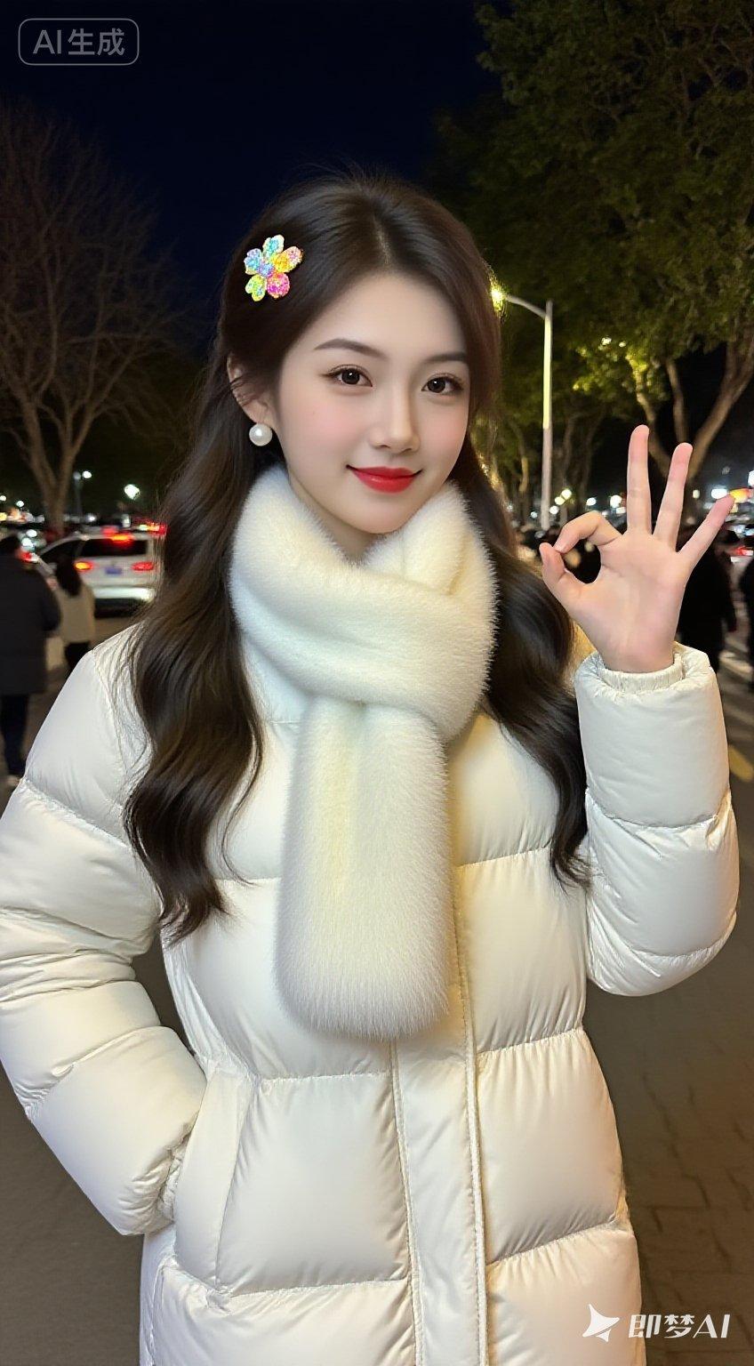 穿着白色带毛领的羽绒服，搭配白色毛绒围巾女生如何拍出知性的照片