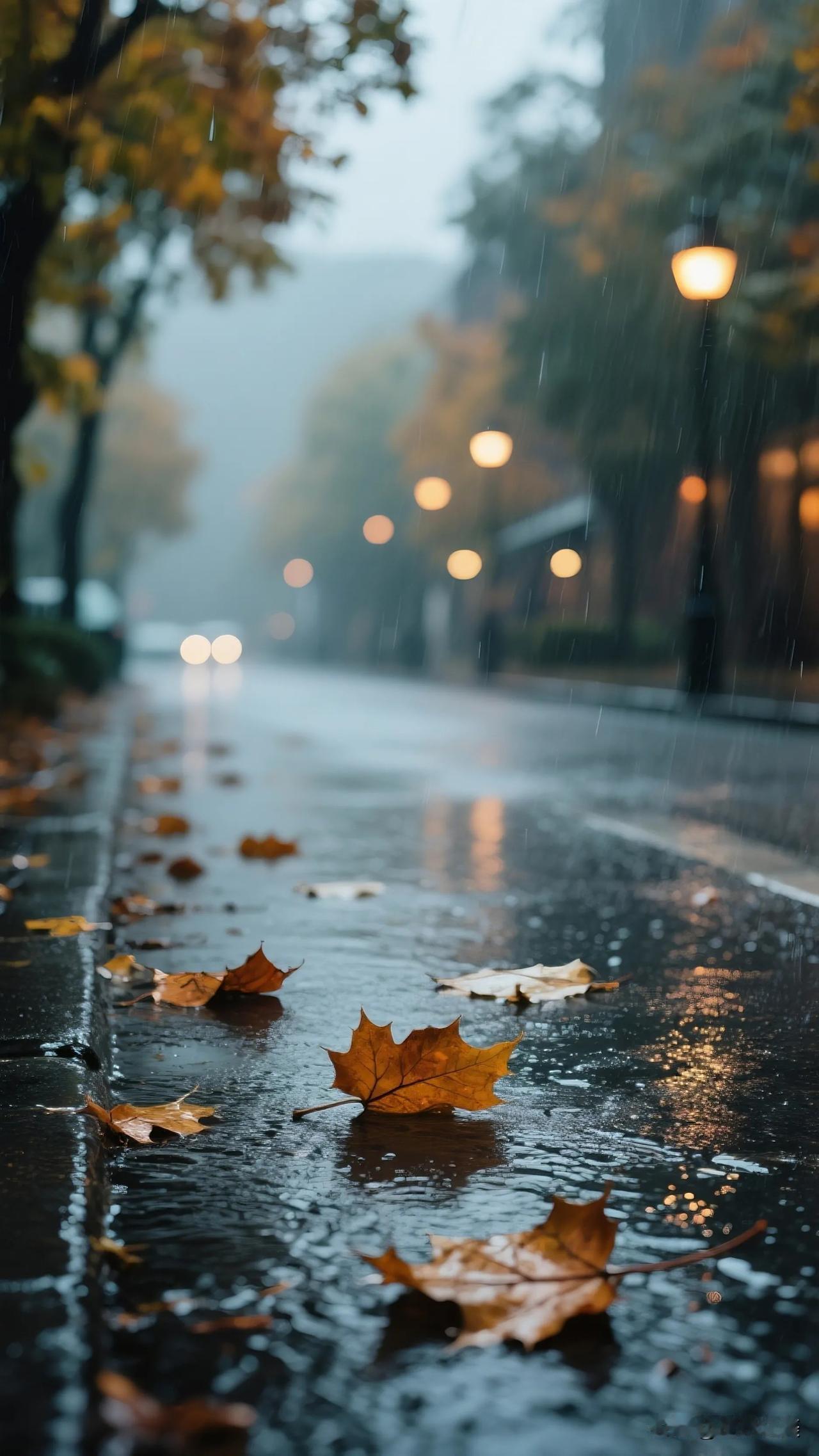 雨中的街道，落叶飘零，别有一番秋意。