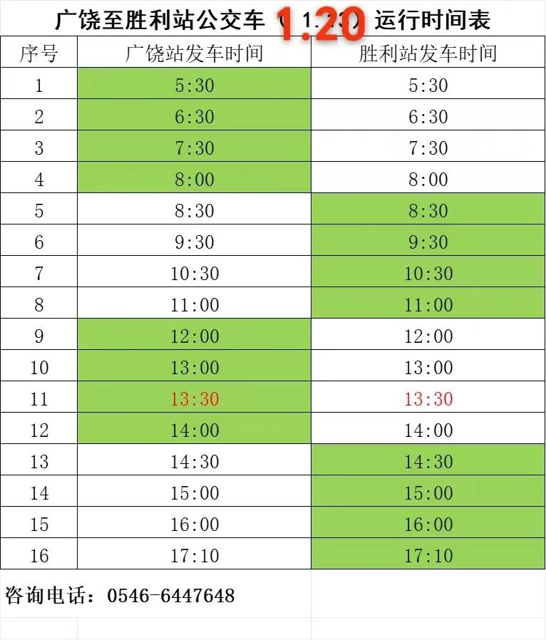 广饶至胜利站公交车01月20日运行时间表