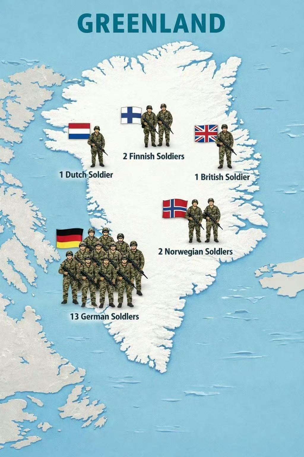 欧洲军人登上格陵兰岛！

法国15人、德国13人、挪威2人、瑞典3人、英国1人、