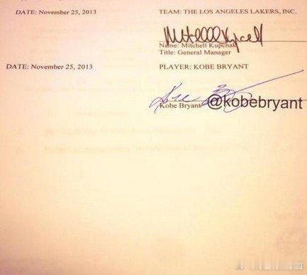 【科比欣喜终生效力湖人 发推晒续约合同签字原件】北京时间11月26日凌晨，美国记