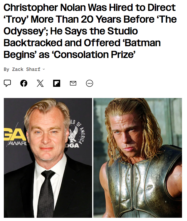 诺兰：《蝙蝠侠》只是个巧合，我真正想拍的是《特洛伊》这位编导在接受Empire杂