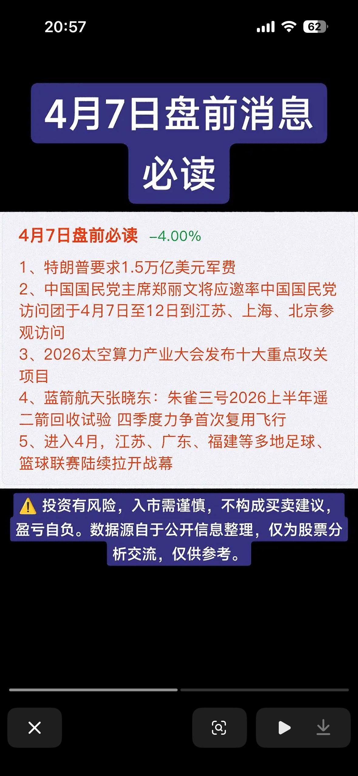 4月7日盘前必读

核心要闻速递

- 国际局势：特朗普要求1.5万亿美元军费，