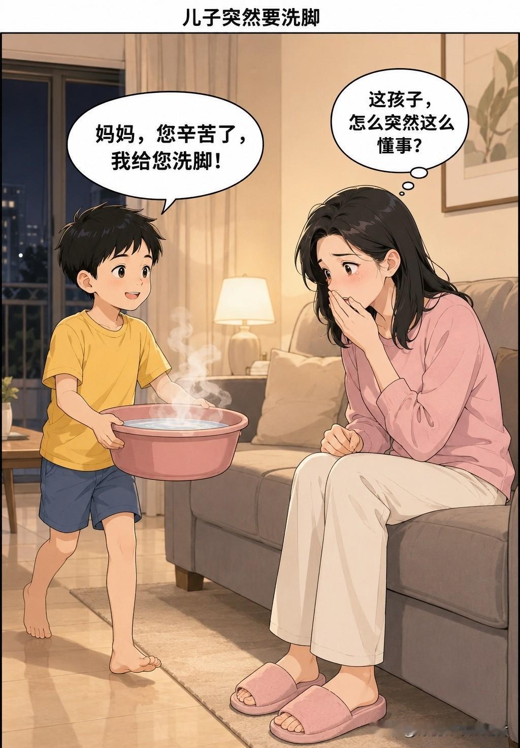 趣味漫画：昨晚，儿子端着一盆热水走进来：妈妈，您辛苦了，我要给你洗脚。一瞬间，我