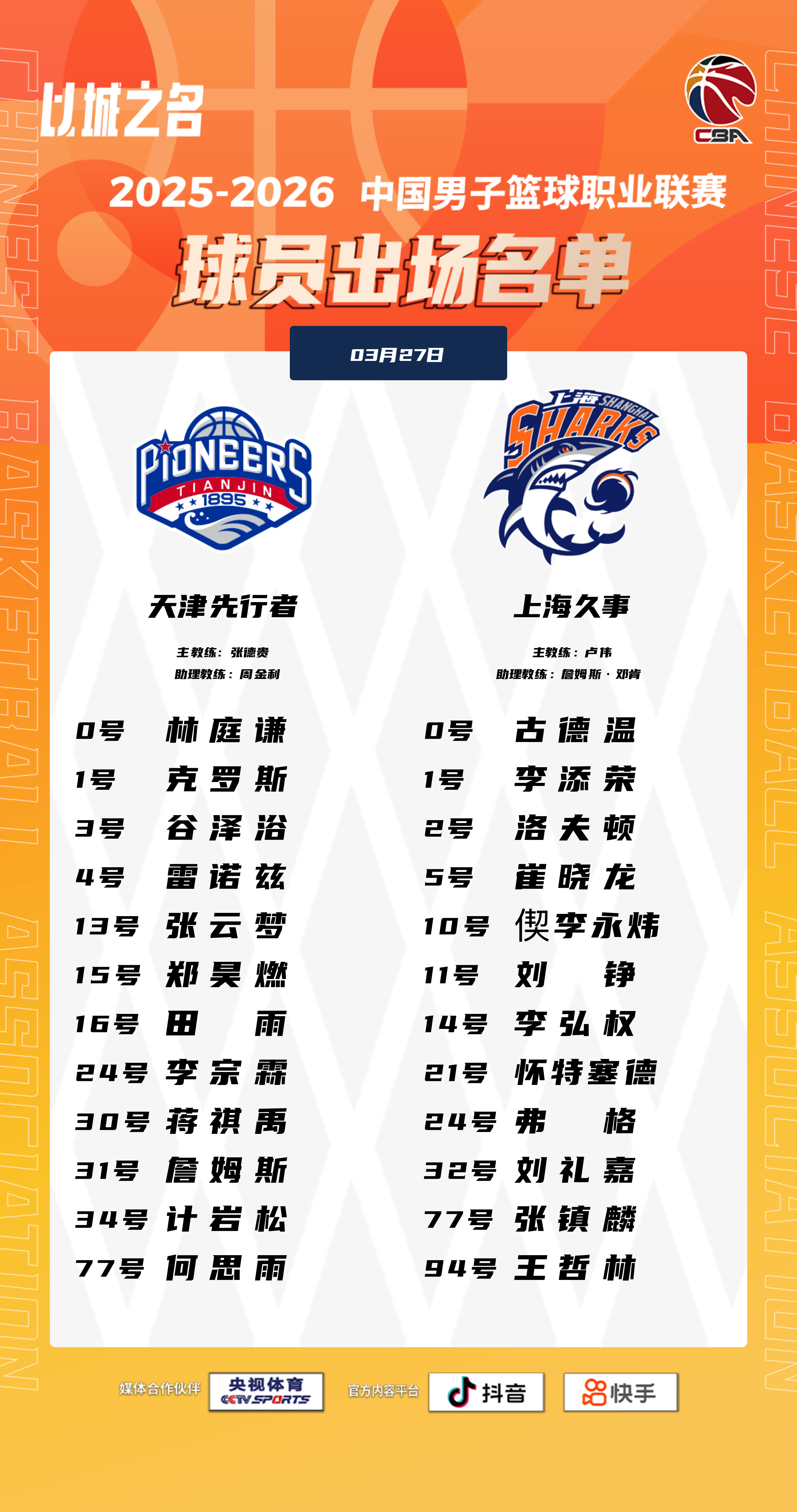 刘礼嘉顶替闫鹏飞进入12人名单，天津队三外援出战，哈姆雷特缺席。上海久事大鲨鱼