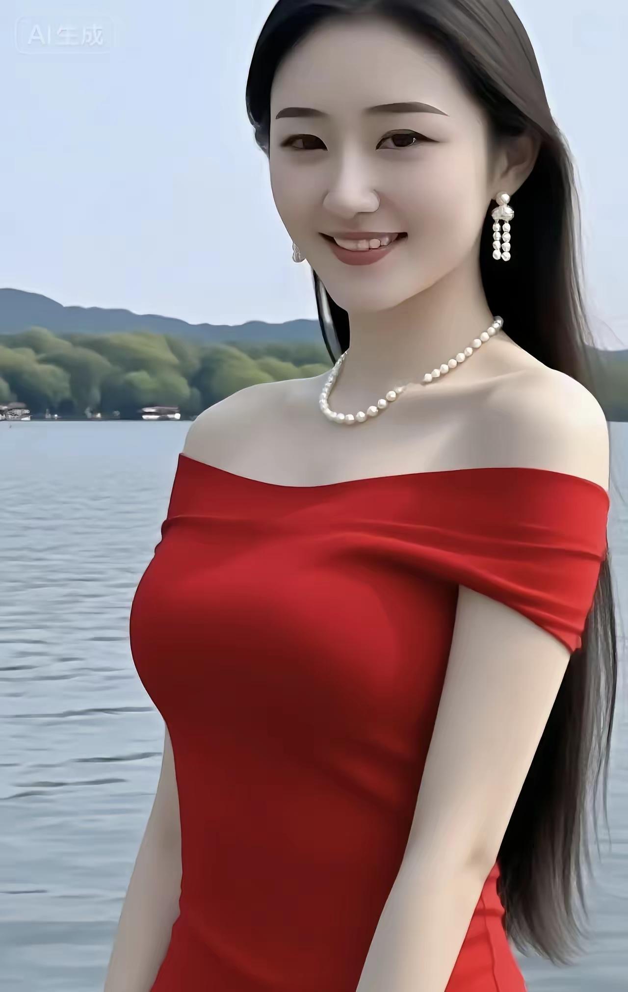 穿红裙子的美女在湖边拍照。