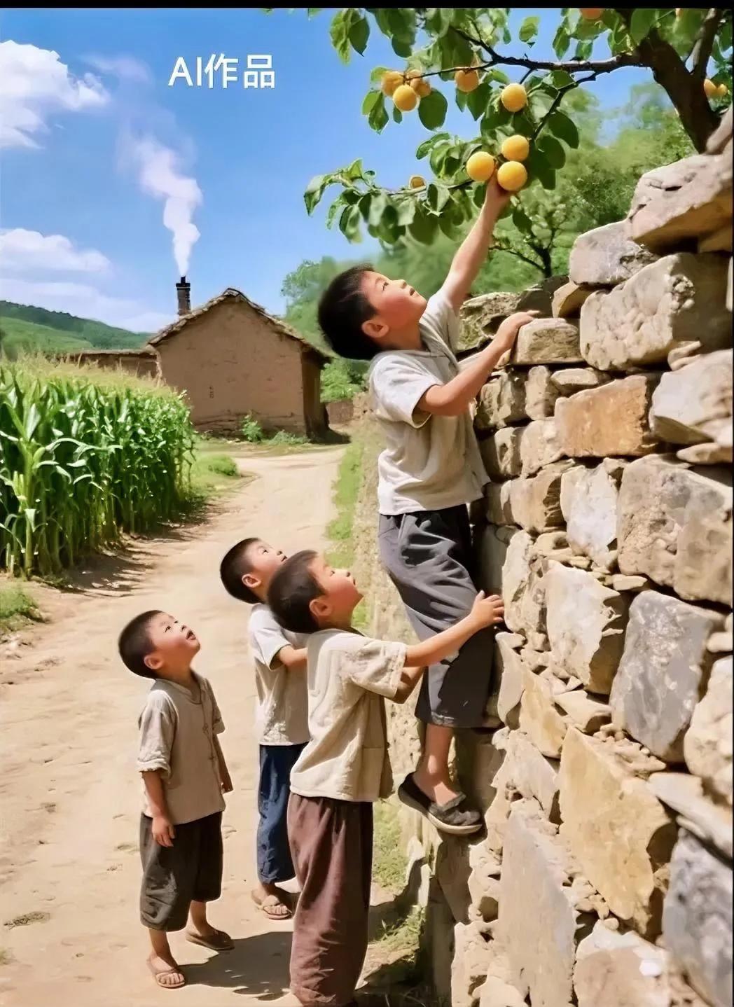 你看孩子们爬墙头，偷人家杏，这是小时候的“记忆”吧！
    那时候瓜果东西在农