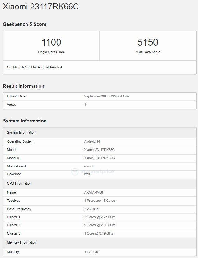 红米K70 Pro的跑分已经出现在GeekBench5跑分库，单核1100分，多