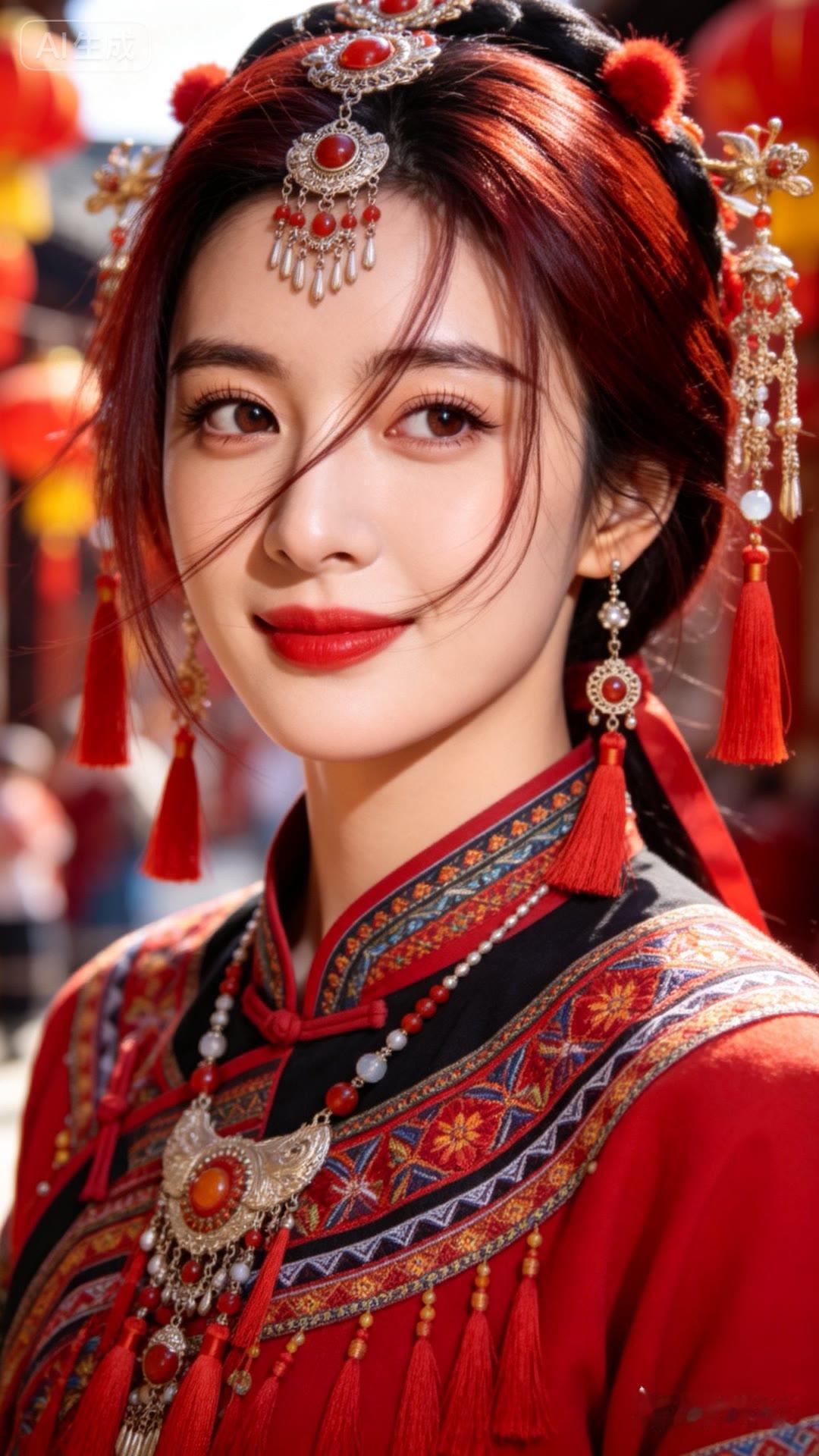红妆美人笑，玉佩摇曳间。